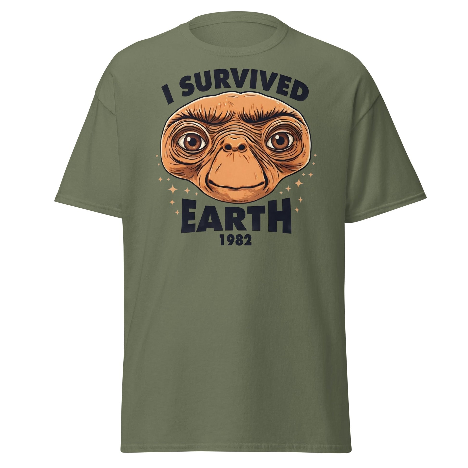 I Survived Earth 1982 E.T. T-Shirt | Funny Sci - Fi Tee - Military Green - T-Shirts Online