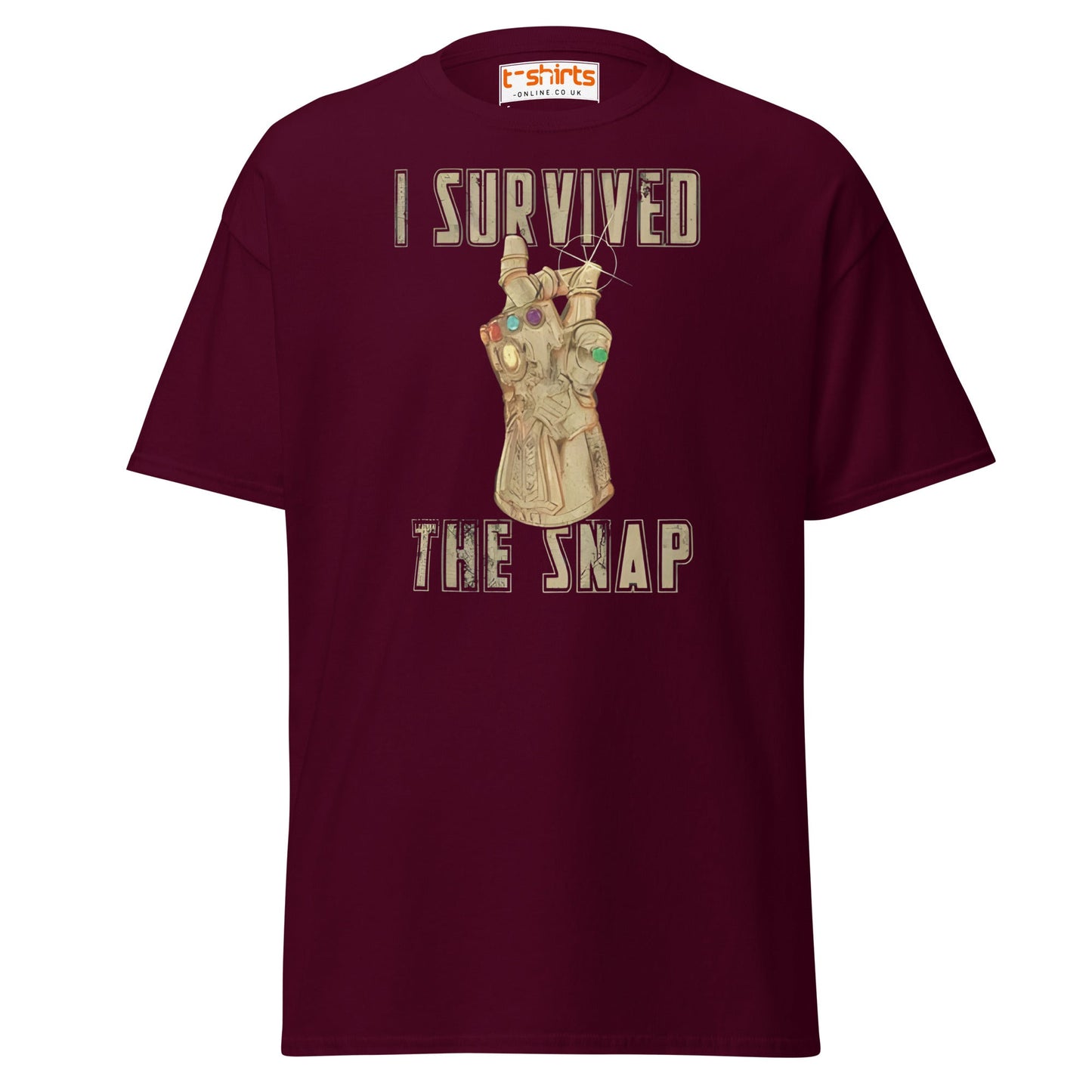 I Survived The Snap T-Shirt | Funny Marvel Parody Tee - Maroon - T-Shirts Online