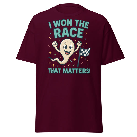 I Won The Race That Matters Sperm T-Shirt - Funny Humor Tee - Maroon - T-Shirts Online
