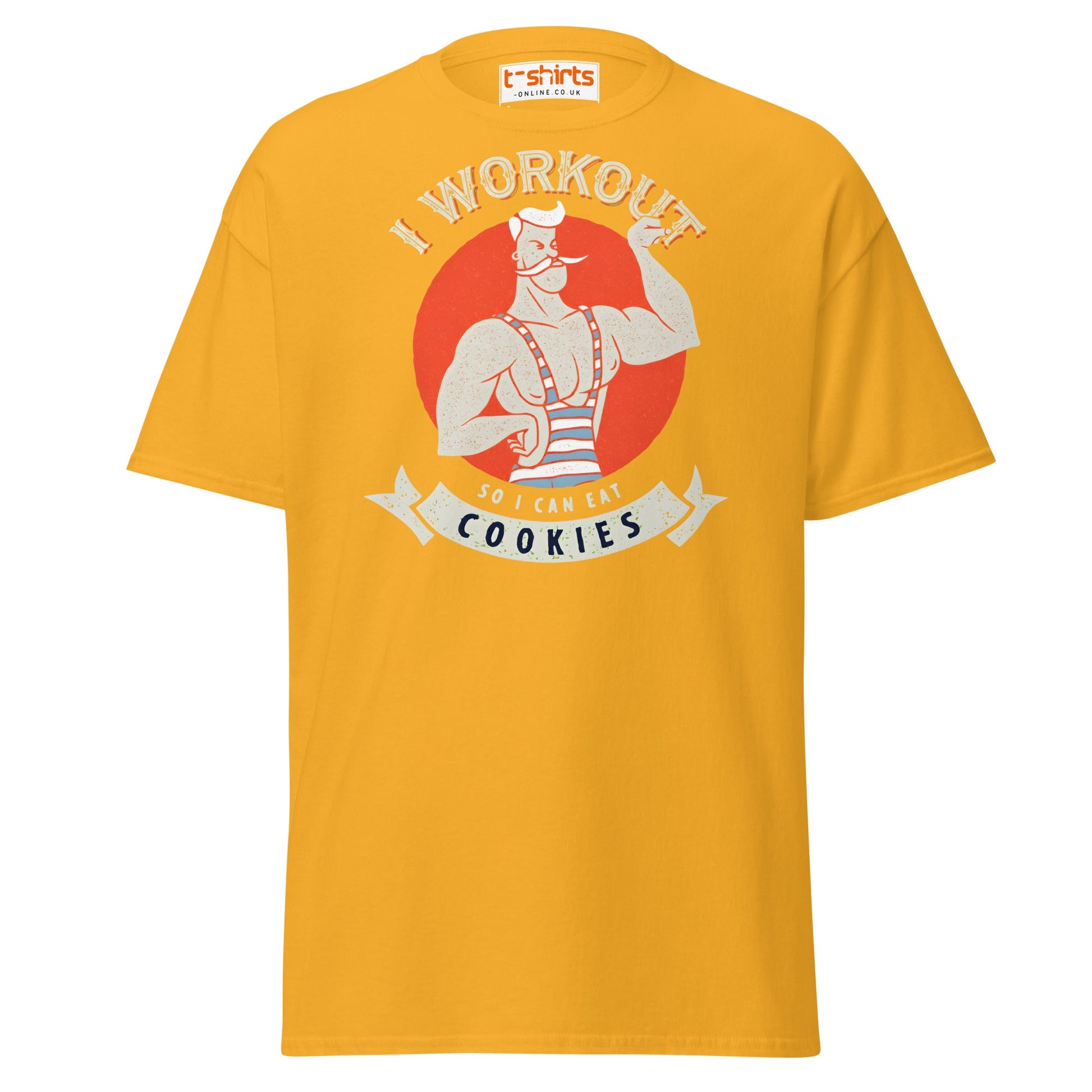 I Workout So I Can Eat Cookies T-Shirt | Funny Gym Tee - Gold - T-Shirts Online
