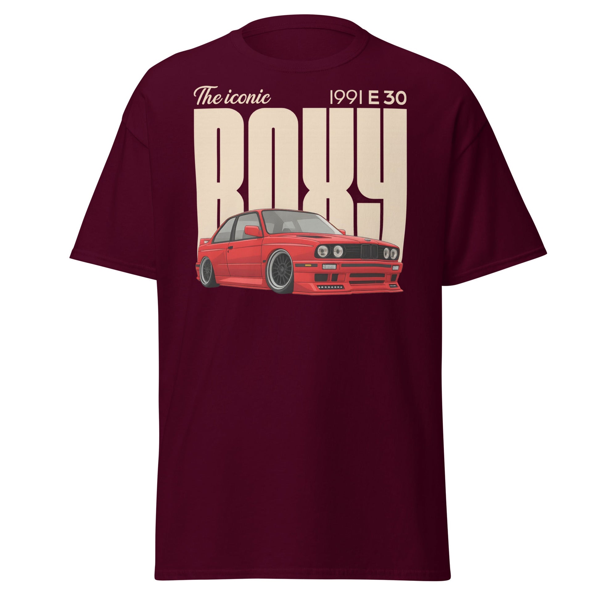 Iconic BMW E30 Boxy 1991 Classic Car T-Shirt - Maroon - T-Shirts Online