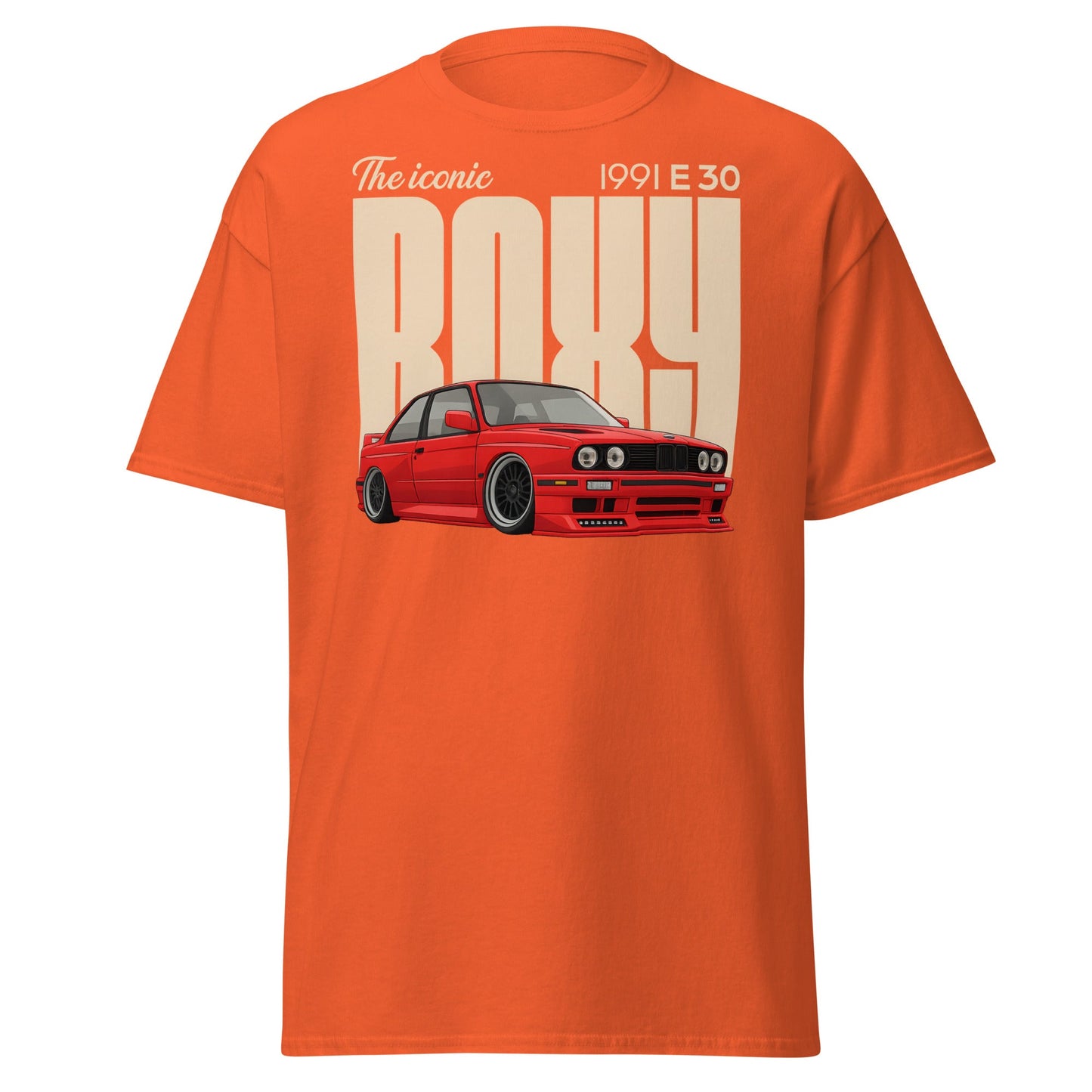 Iconic BMW E30 Boxy 1991 Classic Car T-Shirt - Orange - T-Shirts Online
