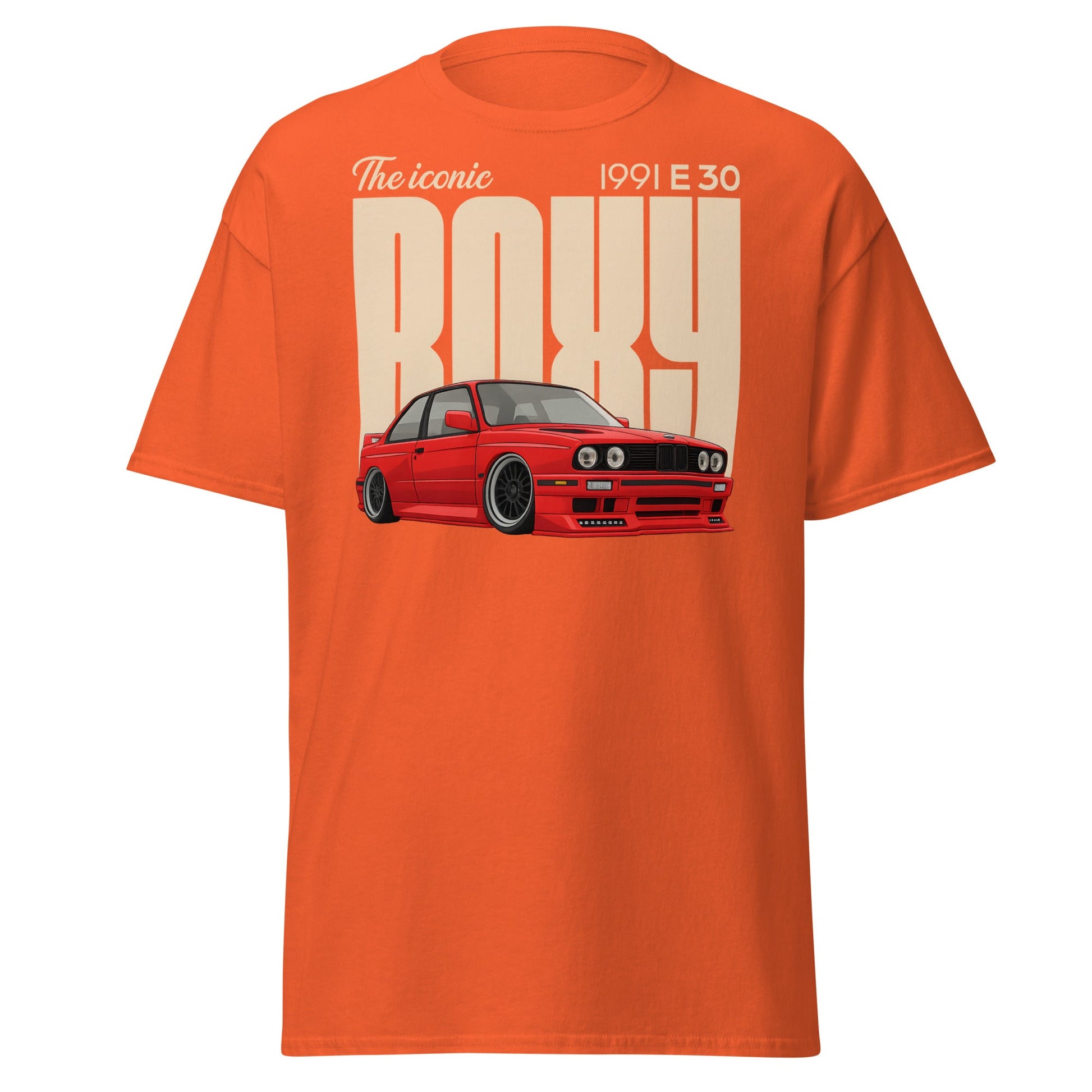 Iconic BMW E30 Boxy 1991 Classic Car T-Shirt - Orange - T-Shirts Online