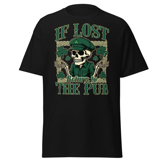 If Lost Return to The Pub T-Shirt - Funny Irish Skull Tee - Black - T-Shirts Online