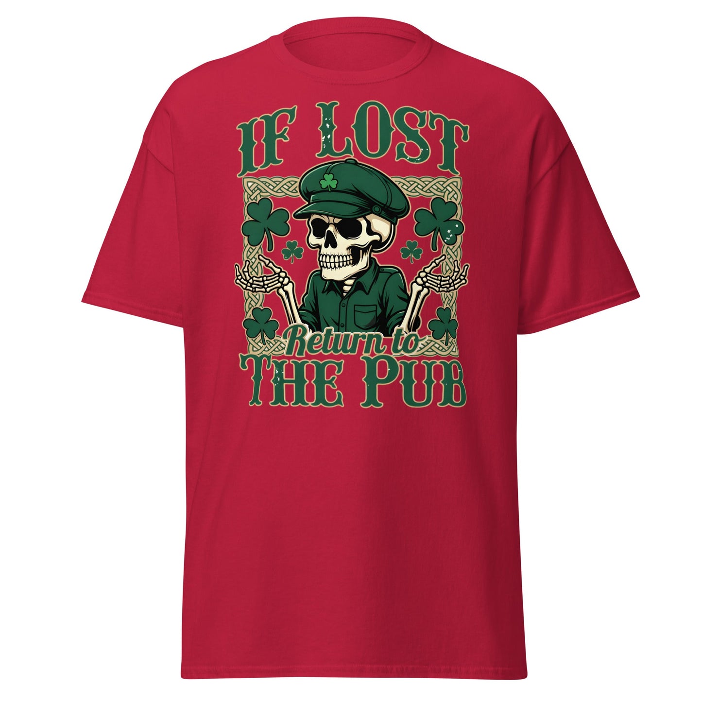 If Lost Return to The Pub T-Shirt - Funny Irish Skull Tee - Cardinal - T-Shirts Online