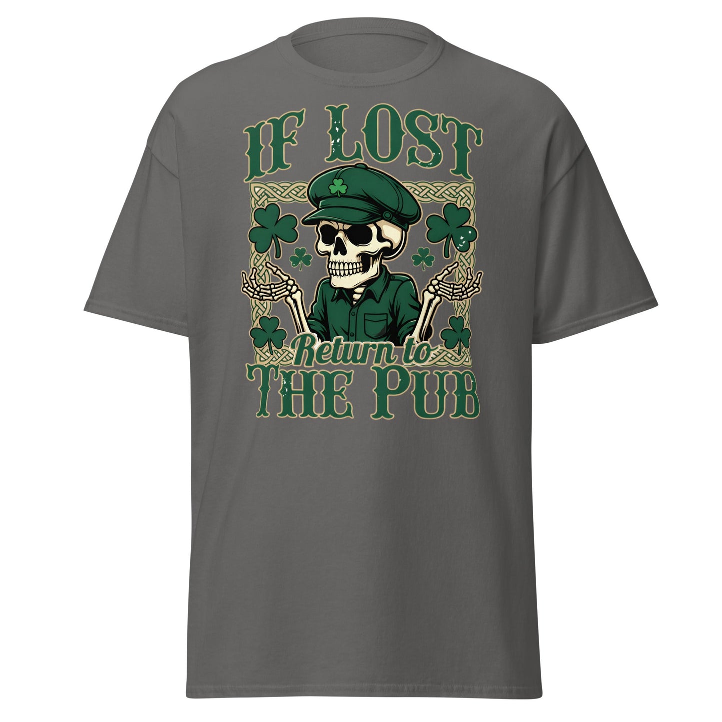 If Lost Return to The Pub T-Shirt - Funny Irish Skull Tee - Charcoal - T-Shirts Online