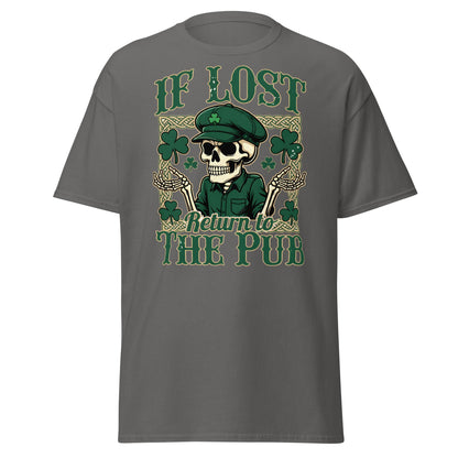 If Lost Return to The Pub T-Shirt - Funny Irish Skull Tee - Charcoal - T-Shirts Online