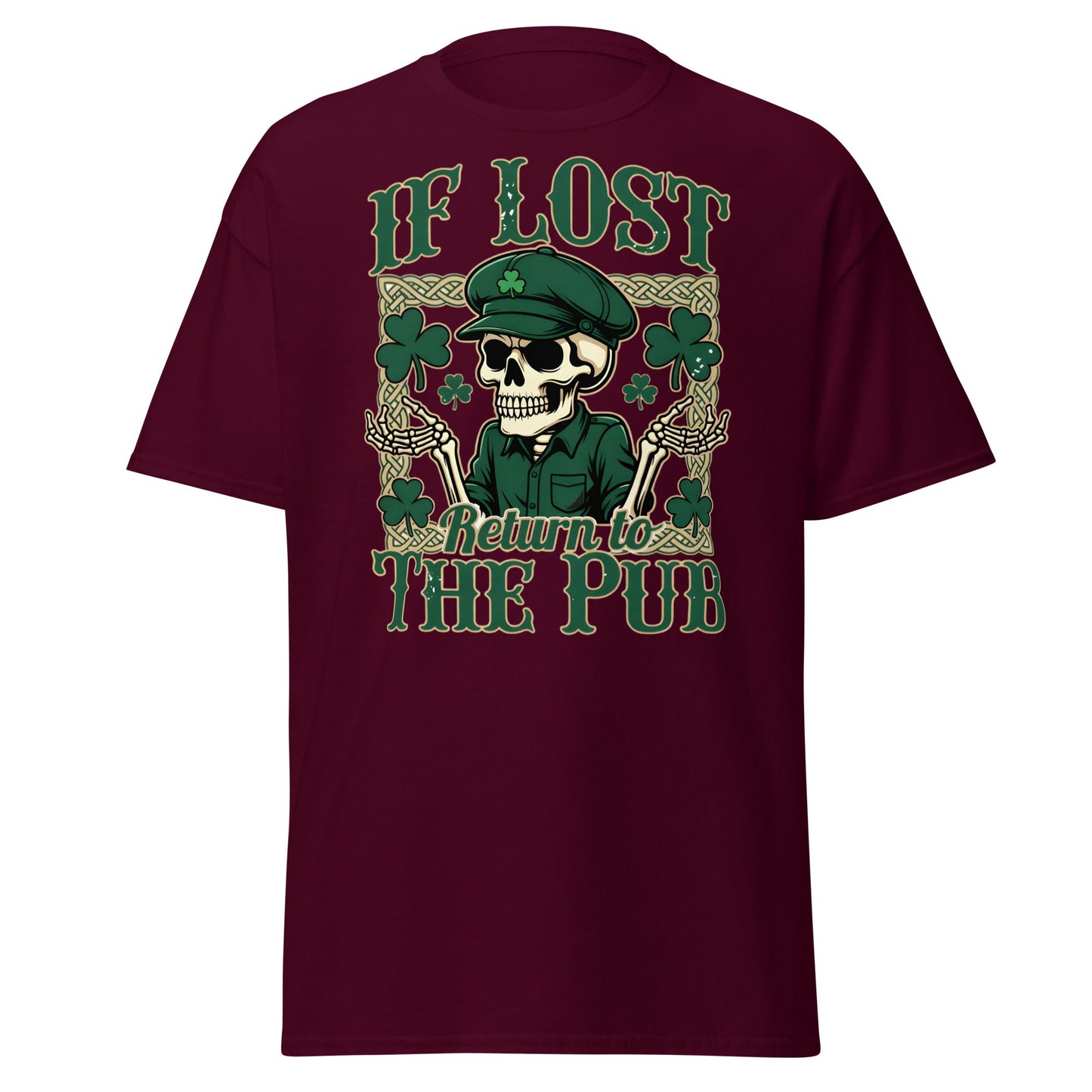 If Lost Return to The Pub T-Shirt - Funny Irish Skull Tee - Maroon - T-Shirts Online
