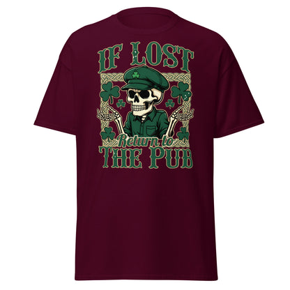 If Lost Return to The Pub T-Shirt - Funny Irish Skull Tee - Maroon - T-Shirts Online