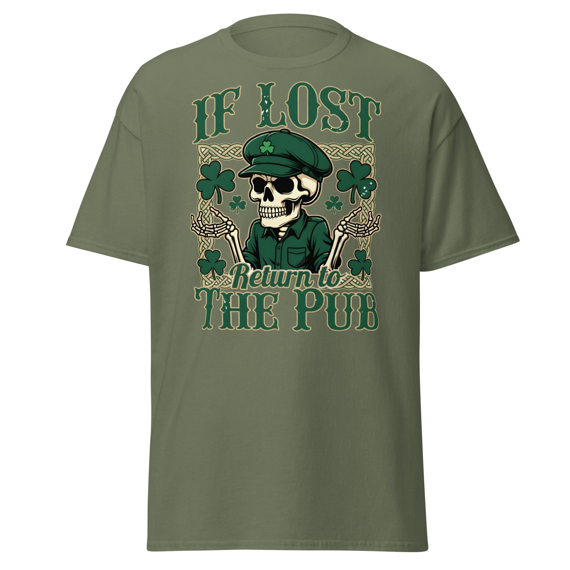 If Lost Return to The Pub T-Shirt - Funny Irish Skull Tee - Military Green - T-Shirts Online
