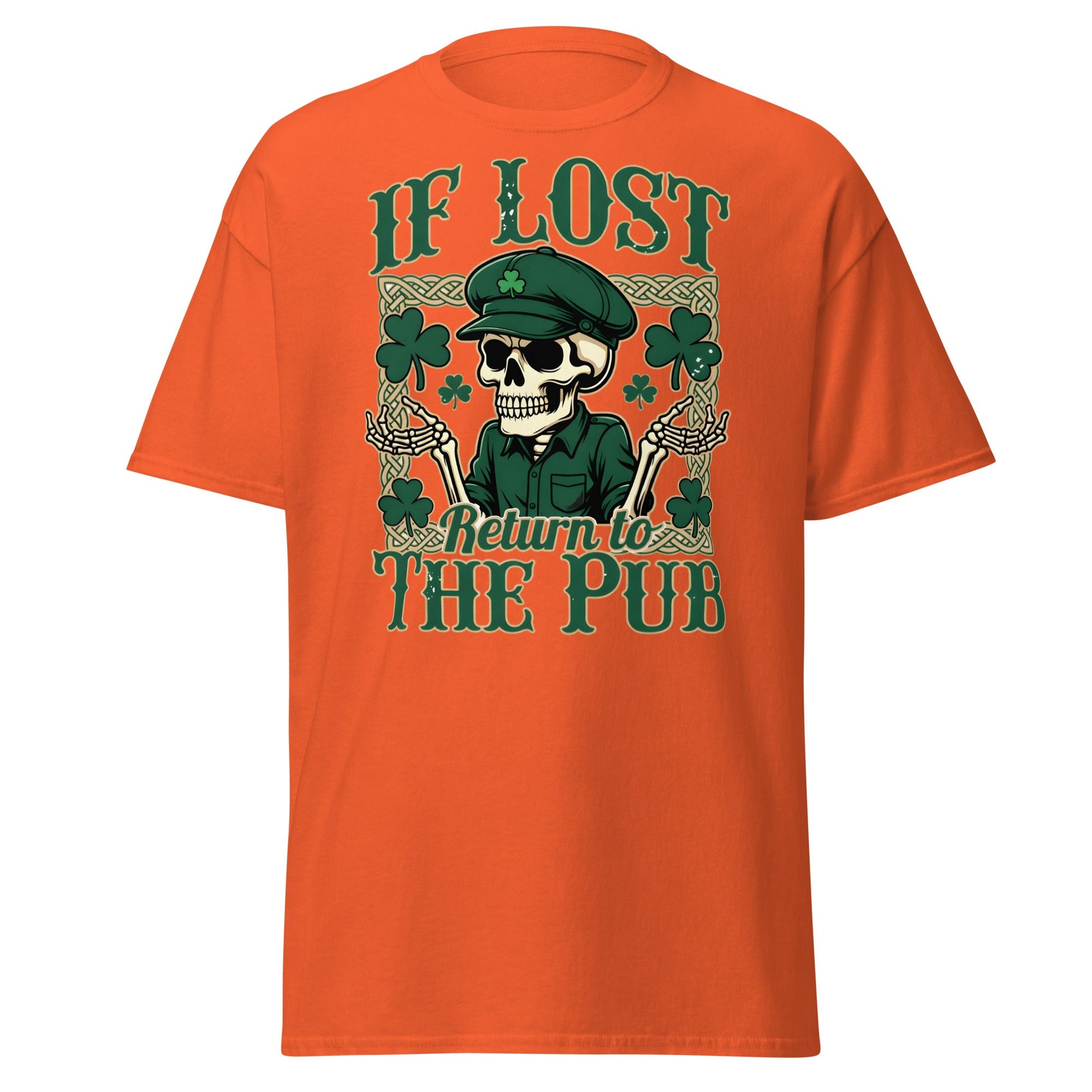 If Lost Return to The Pub T-Shirt - Funny Irish Skull Tee - Orange - T-Shirts Online