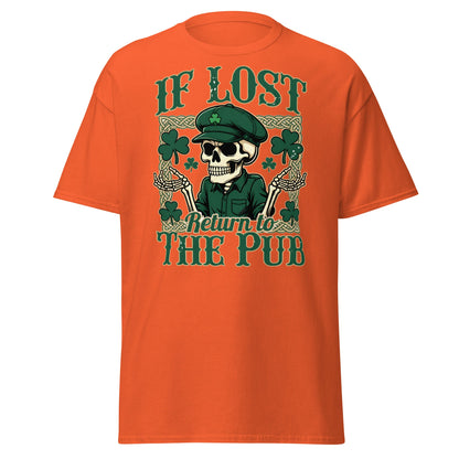 If Lost Return to The Pub T-Shirt - Funny Irish Skull Tee - Orange - T-Shirts Online