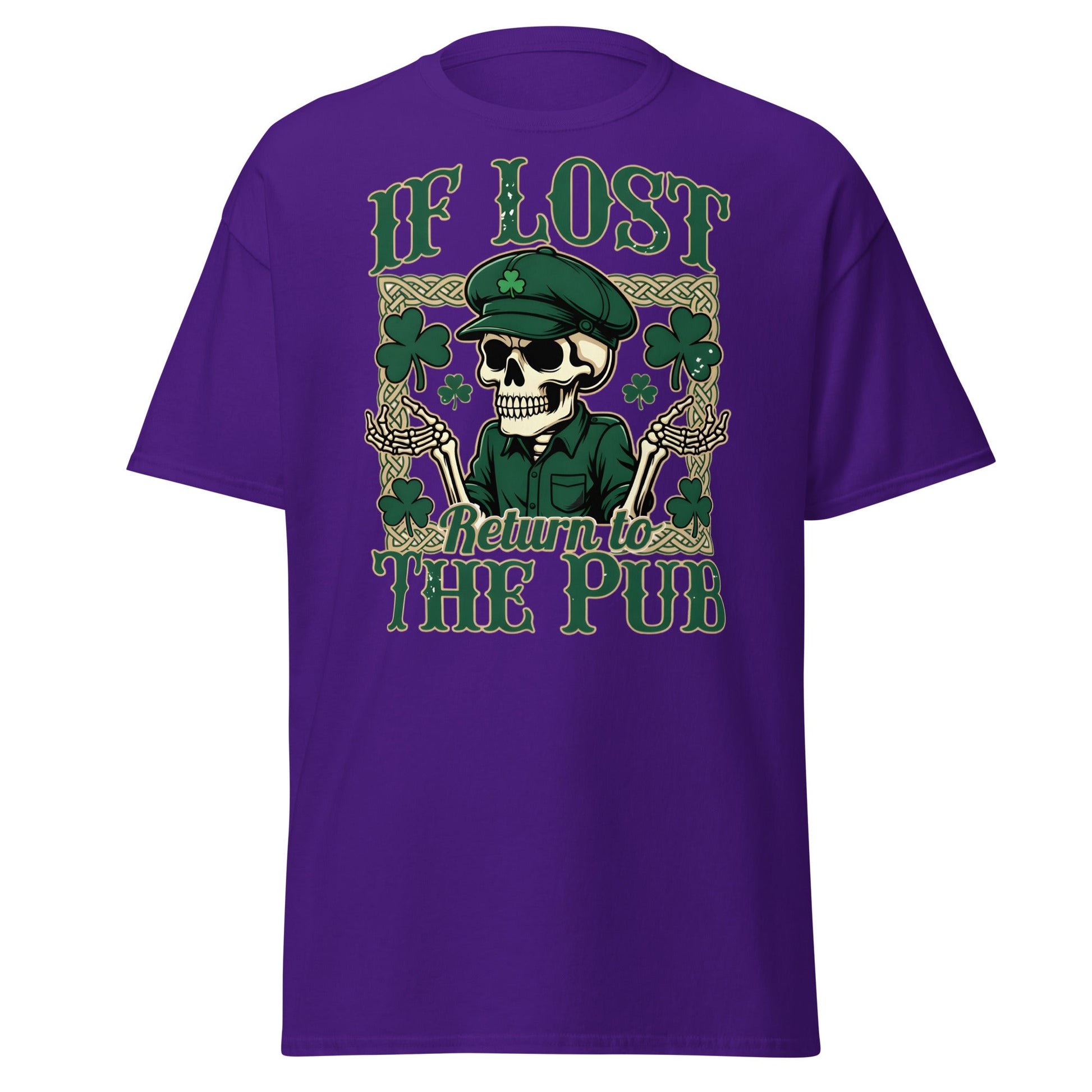 If Lost Return to The Pub T-Shirt - Funny Irish Skull Tee - Purple - T-Shirts Online