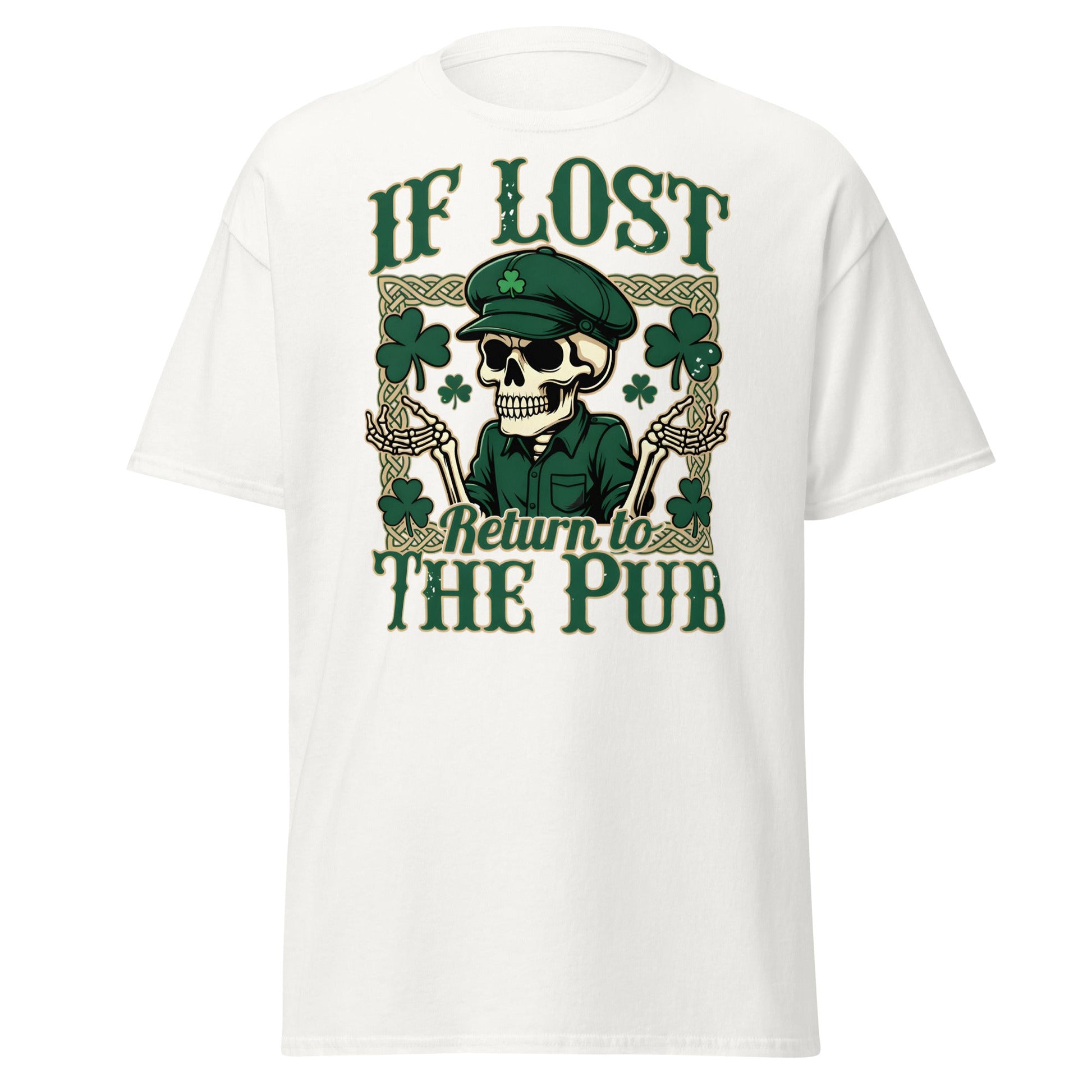 If Lost Return to The Pub T-Shirt - Funny Irish Skull Tee - White - T-Shirts Online