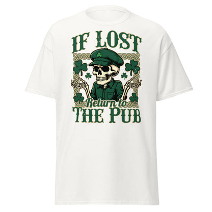 If Lost Return to The Pub T-Shirt - Funny Irish Skull Tee - White - T-Shirts Online