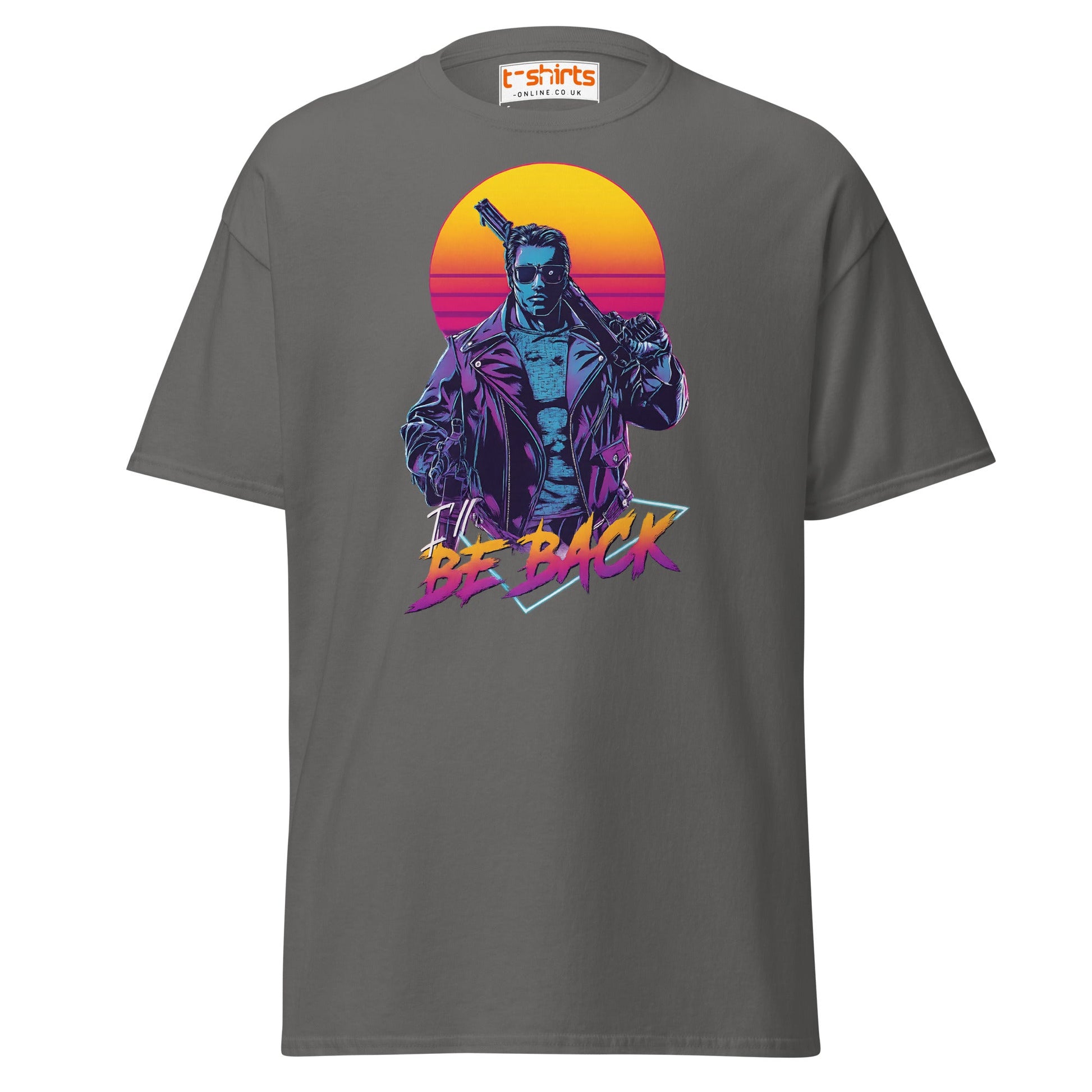 I’ll Be Back T-Shirt – Retro Neon Cyberpunk Tee - Charcoal - T-Shirts Online