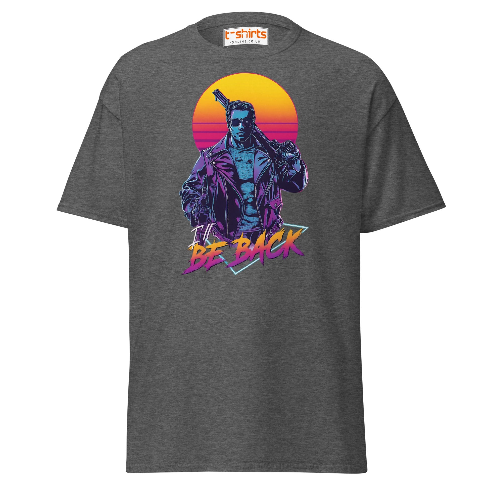 I’ll Be Back T-Shirt – Retro Neon Cyberpunk Tee - Dark Heather - T-Shirts Online