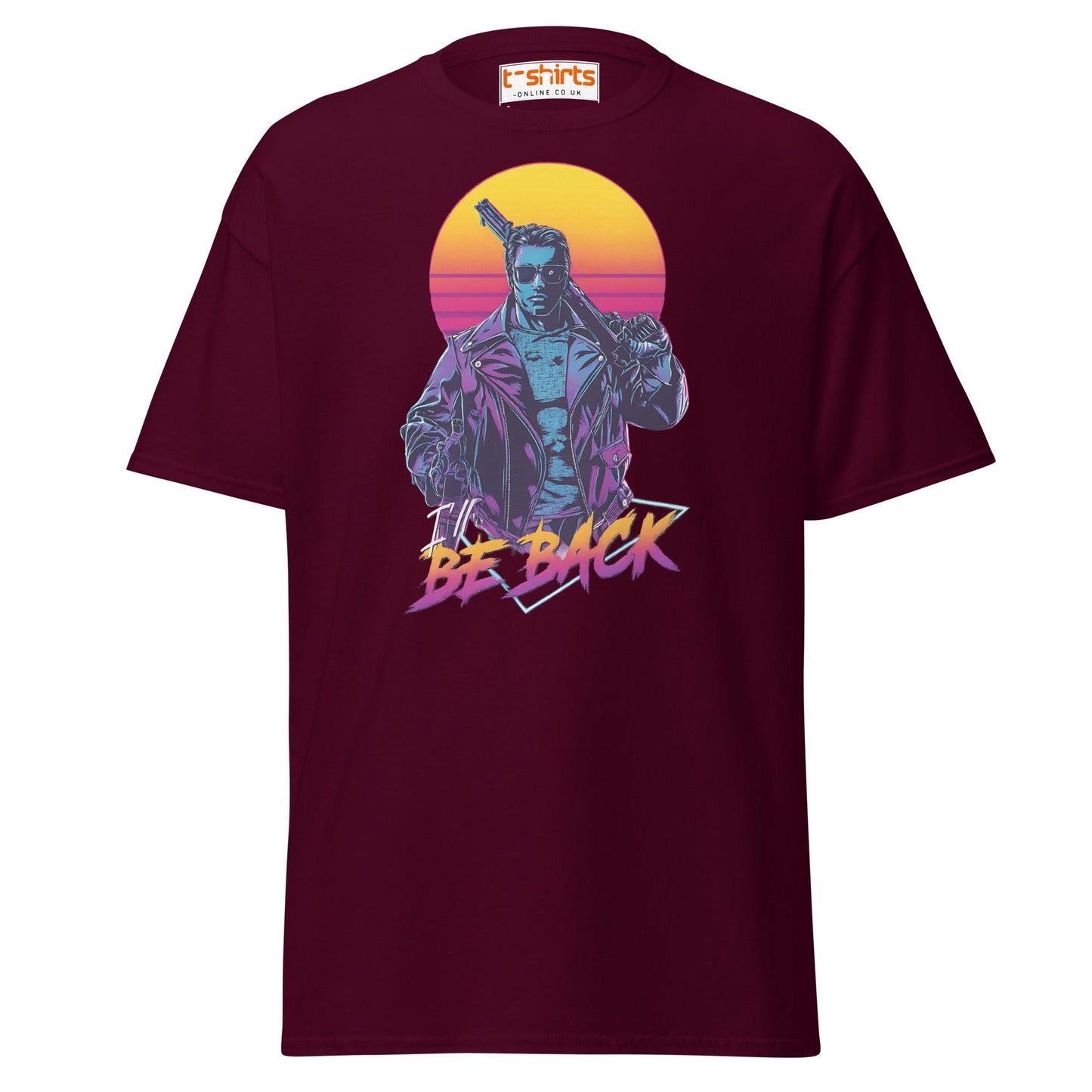 I’ll Be Back T-Shirt – Retro Neon Cyberpunk Tee - Maroon - T-Shirts Online