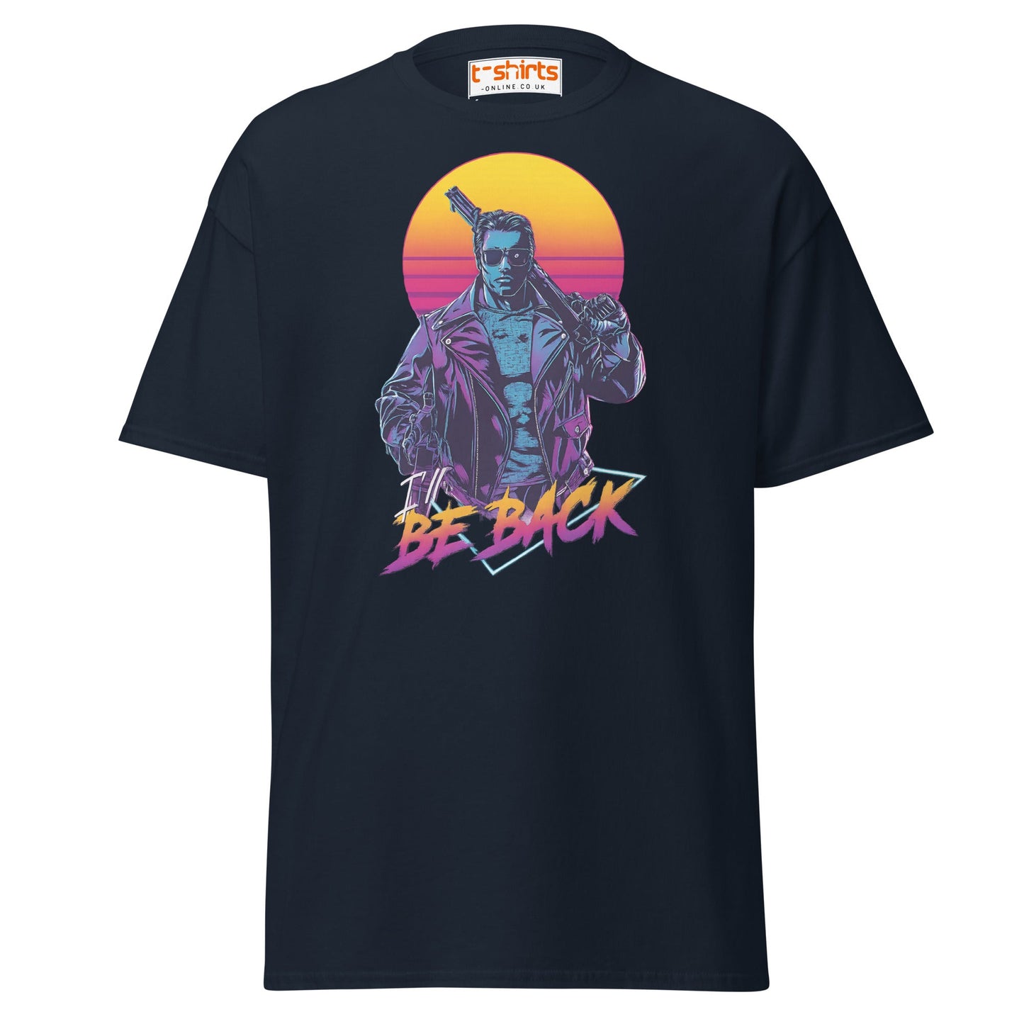 I’ll Be Back T-Shirt – Retro Neon Cyberpunk Tee - Navy - T-Shirts Online