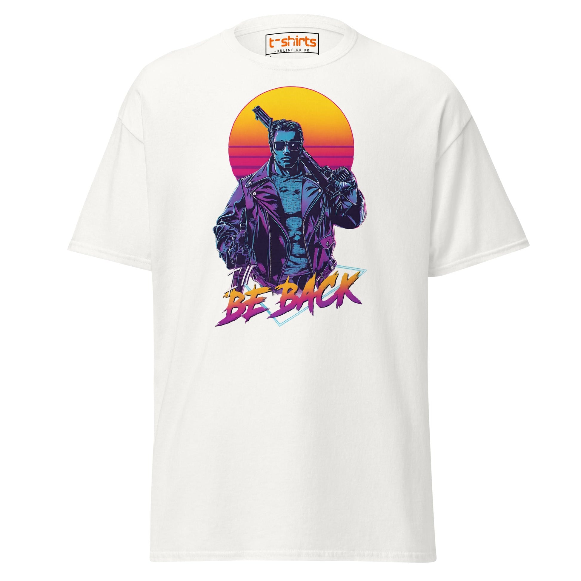 I’ll Be Back T-Shirt – Retro Neon Cyberpunk Tee - White - T-Shirts Online