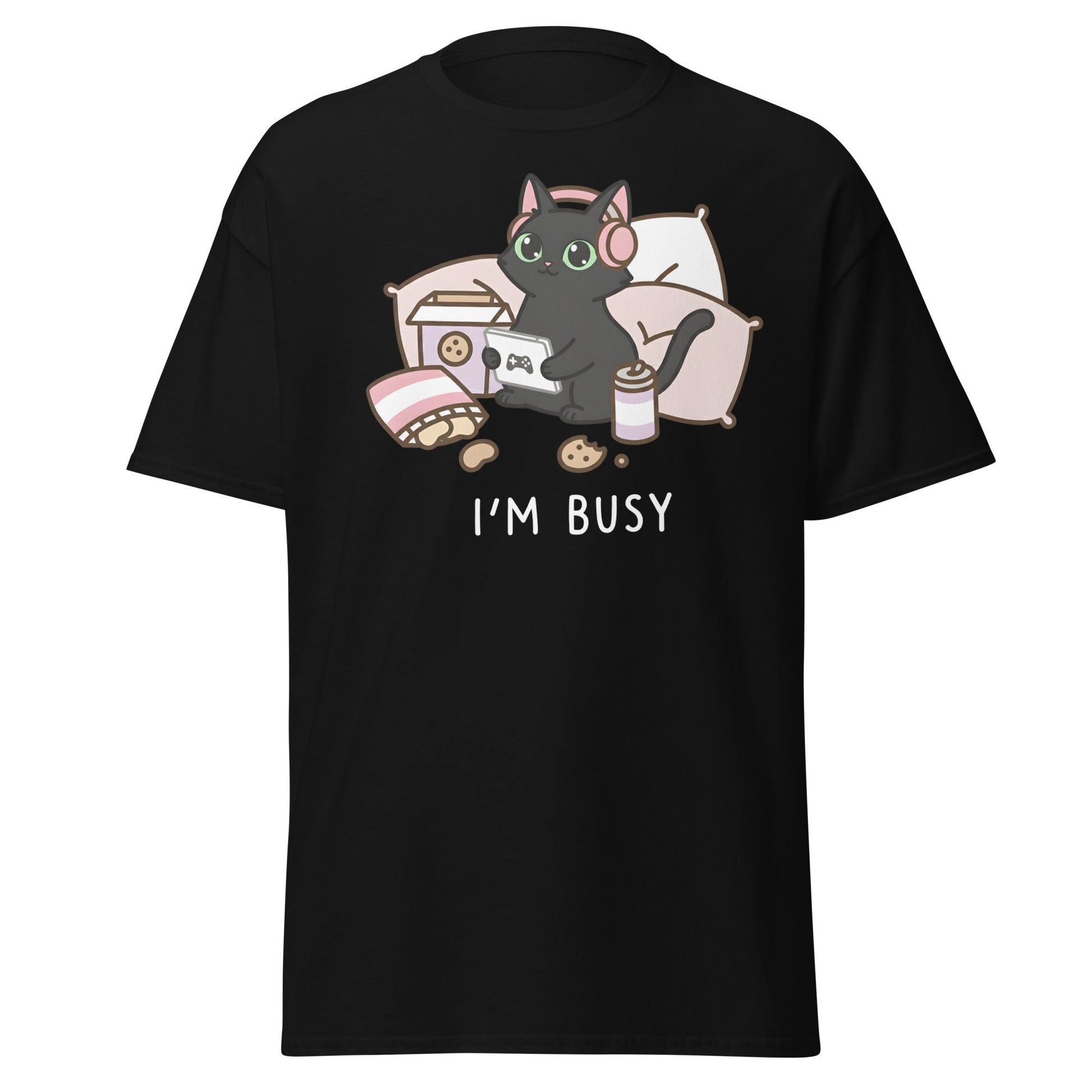 I'm Busy Gamer Cat T-Shirt - Cute Black Kitty Tee - Black - T-Shirts Online