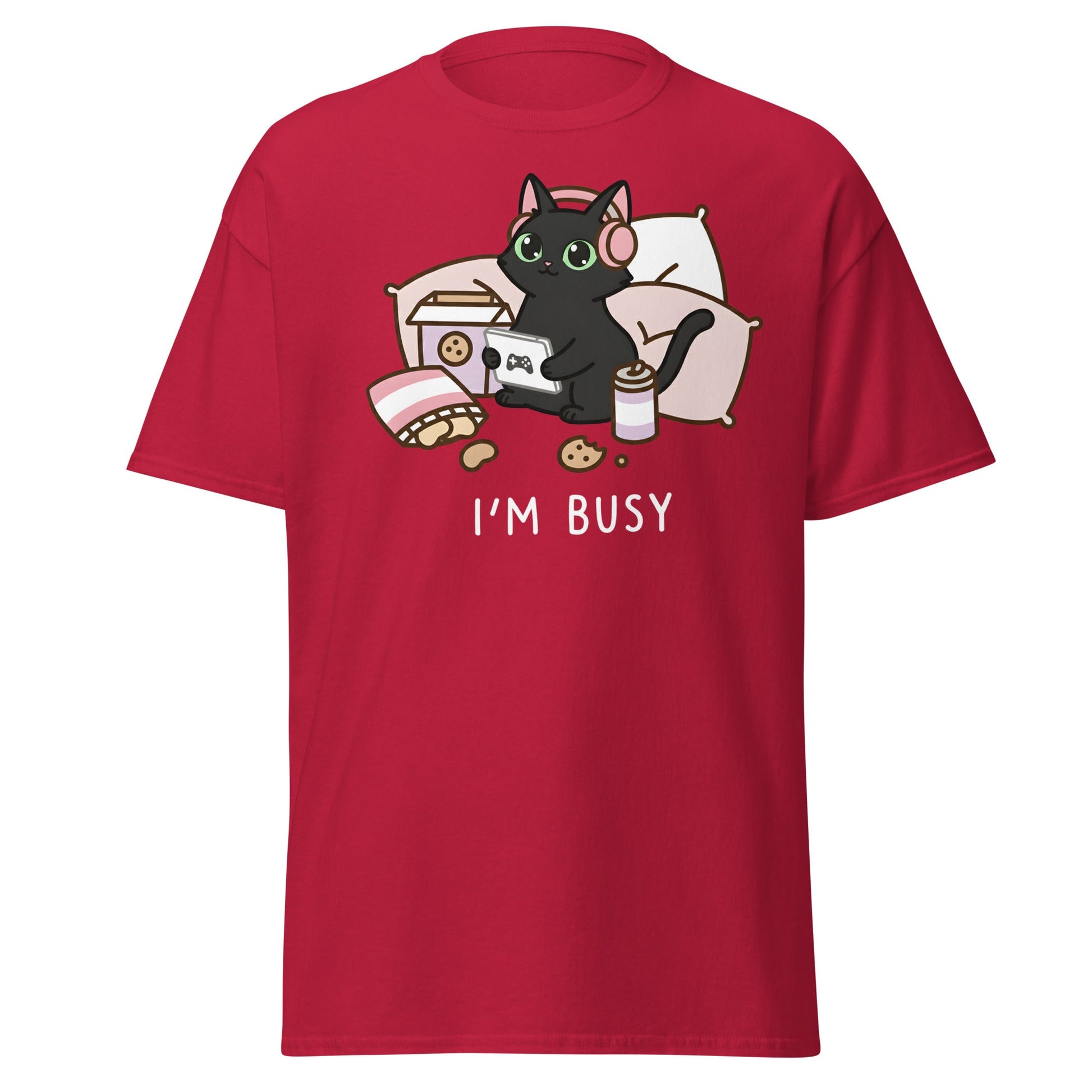 I'm Busy Gamer Cat T-Shirt - Cute Black Kitty Tee - Cardinal - T-Shirts Online