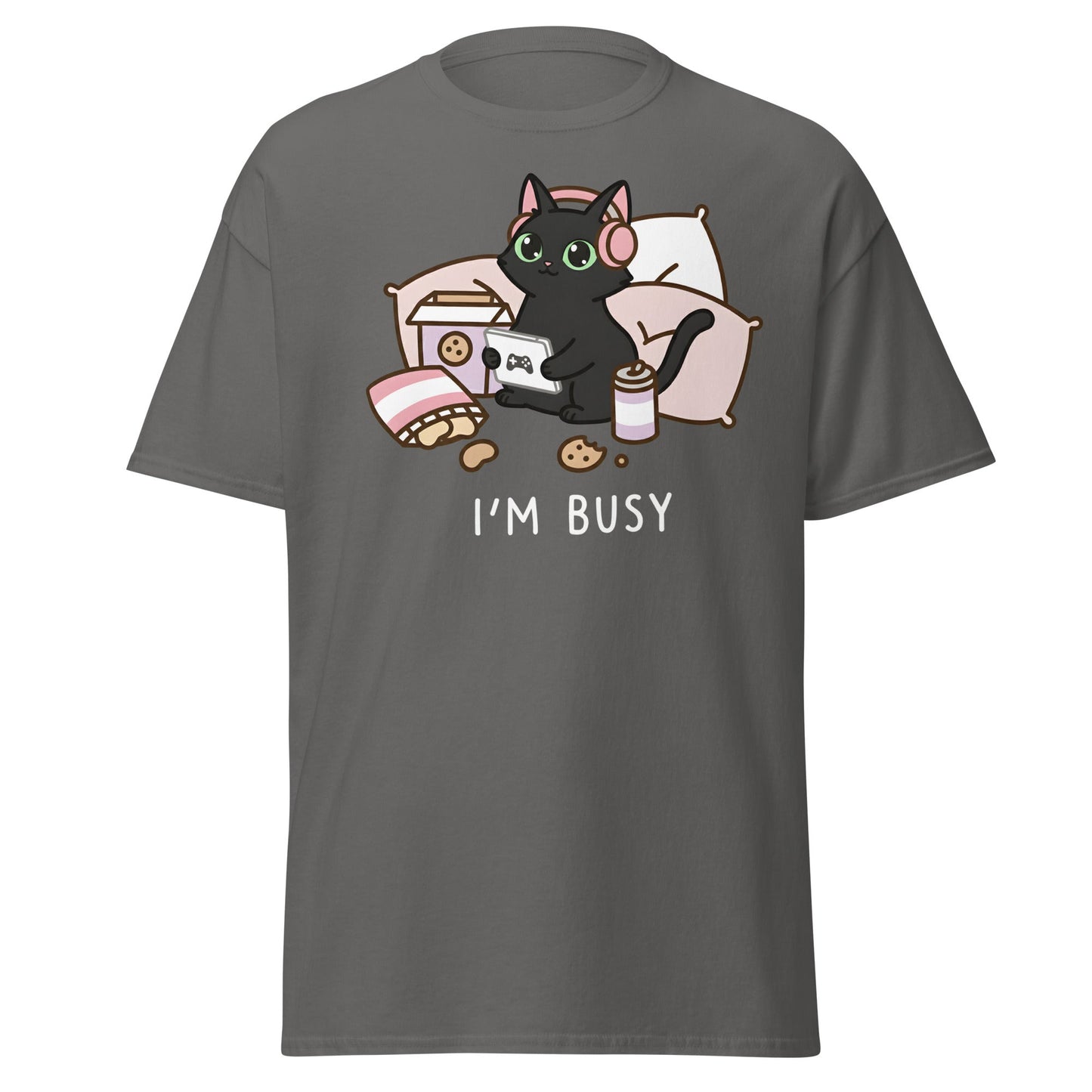 I'm Busy Gamer Cat T-Shirt - Cute Black Kitty Tee - Charcoal - T-Shirts Online