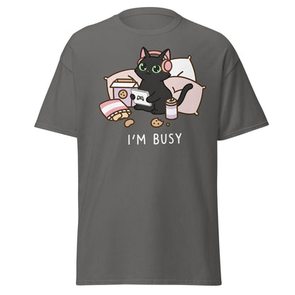 I'm Busy Gamer Cat T-Shirt - Cute Black Kitty Tee - Charcoal - T-Shirts Online