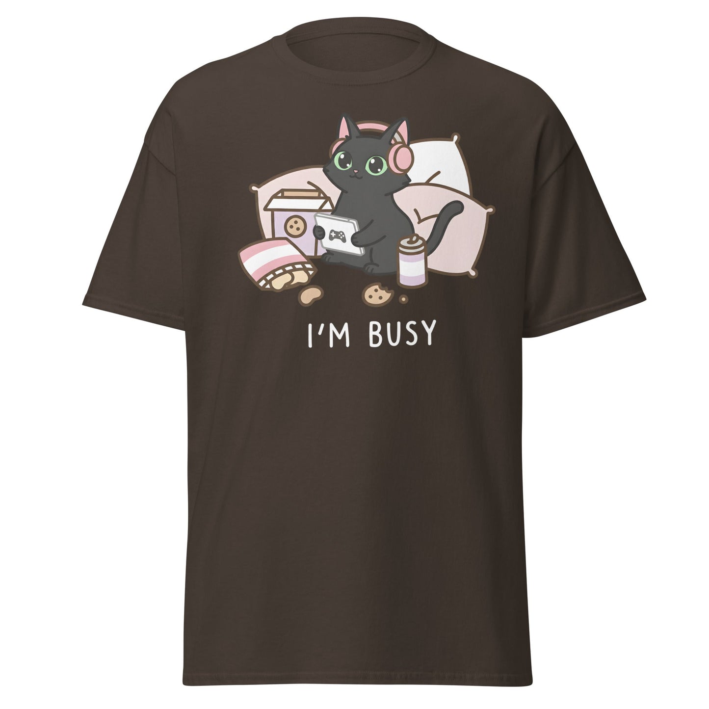 I'm Busy Gamer Cat T-Shirt - Cute Black Kitty Tee - Dark Chocolate - T-Shirts Online
