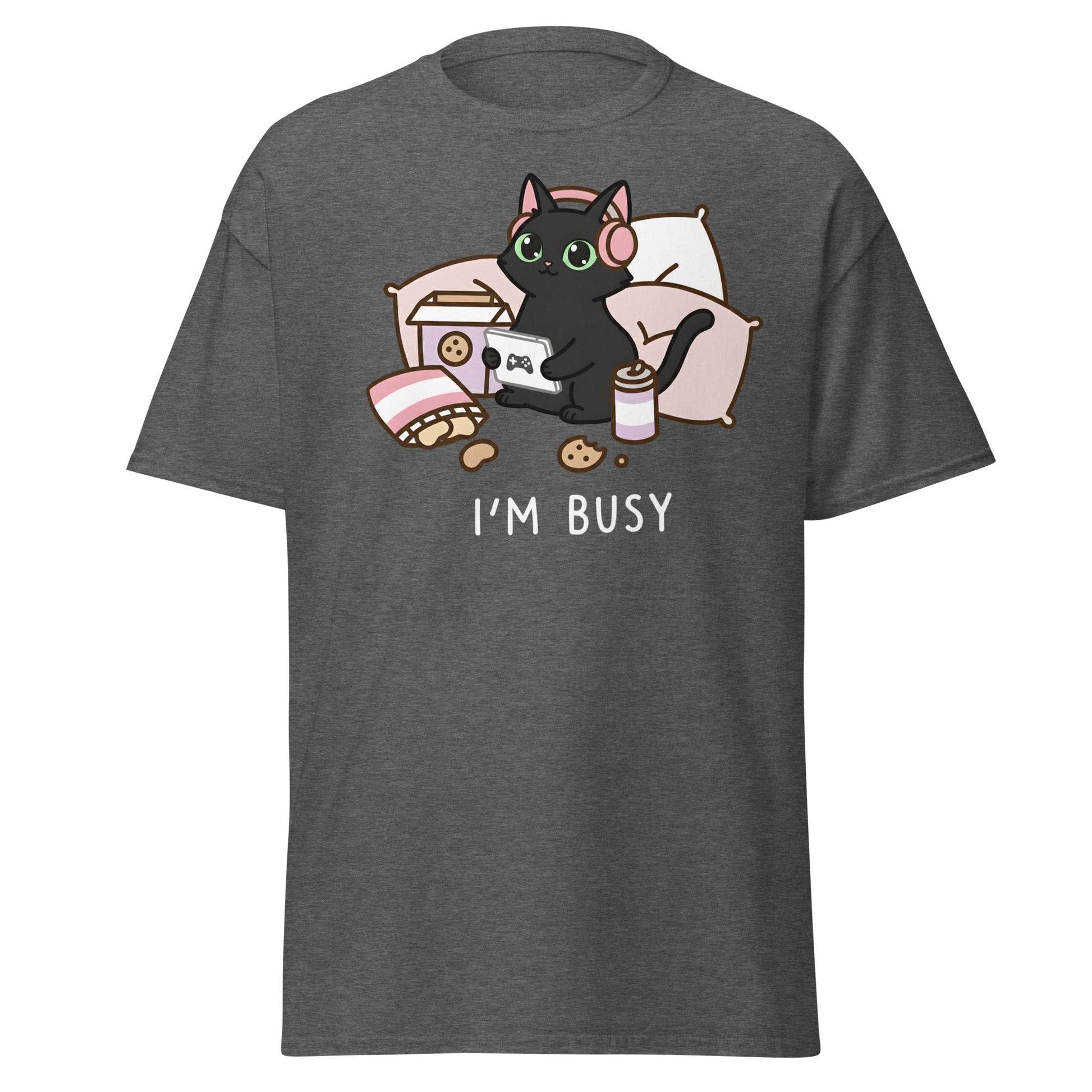 I'm Busy Gamer Cat T-Shirt - Cute Black Kitty Tee - Dark Heather - T-Shirts Online