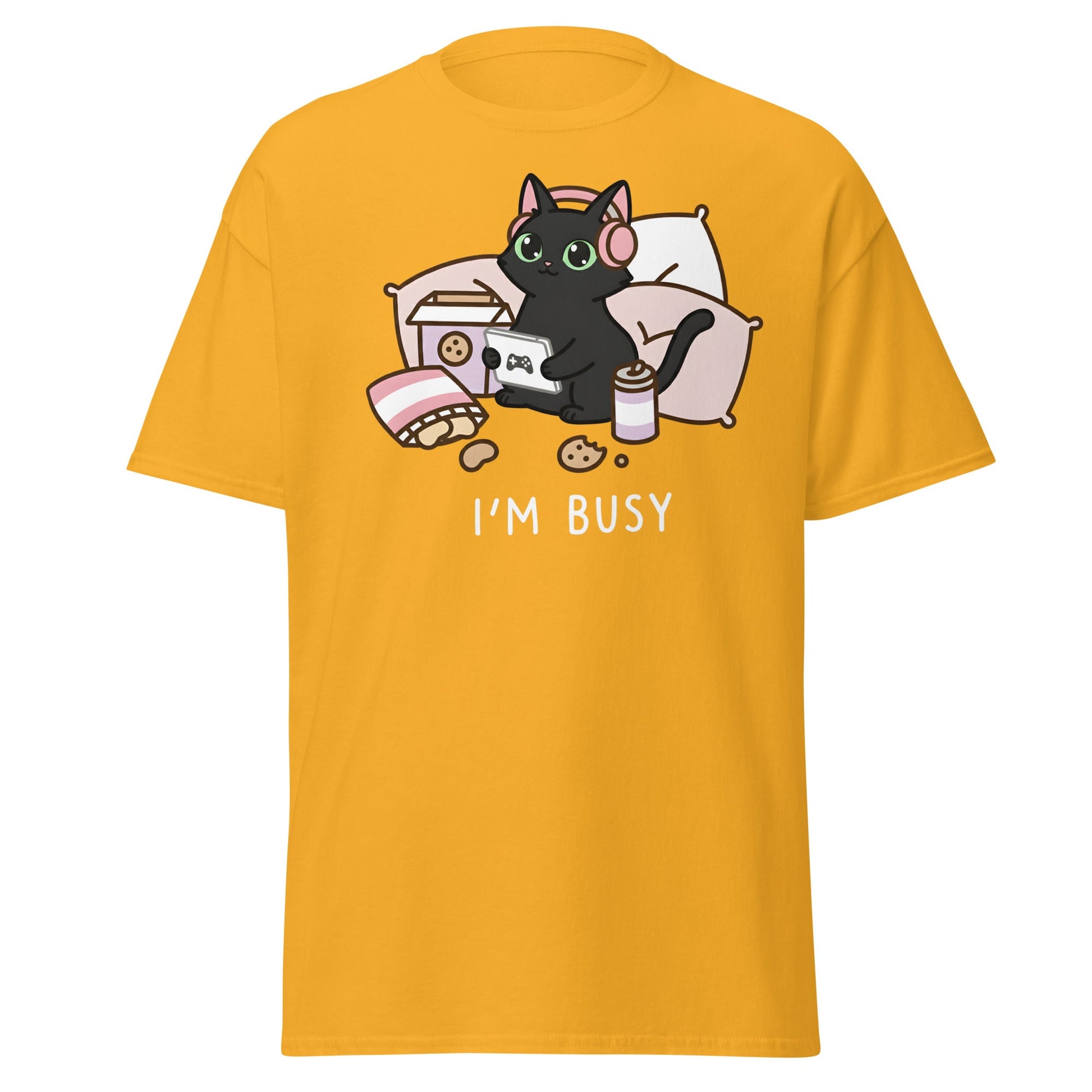 I'm Busy Gamer Cat T-Shirt - Cute Black Kitty Tee - Gold - T-Shirts Online