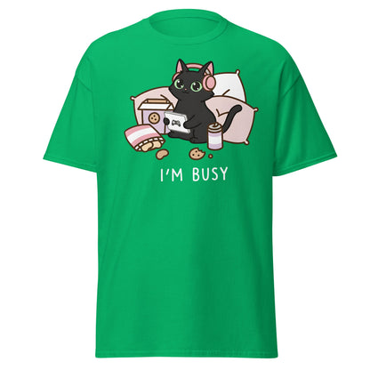 I'm Busy Gamer Cat T-Shirt - Cute Black Kitty Tee - Irish Green - T-Shirts Online