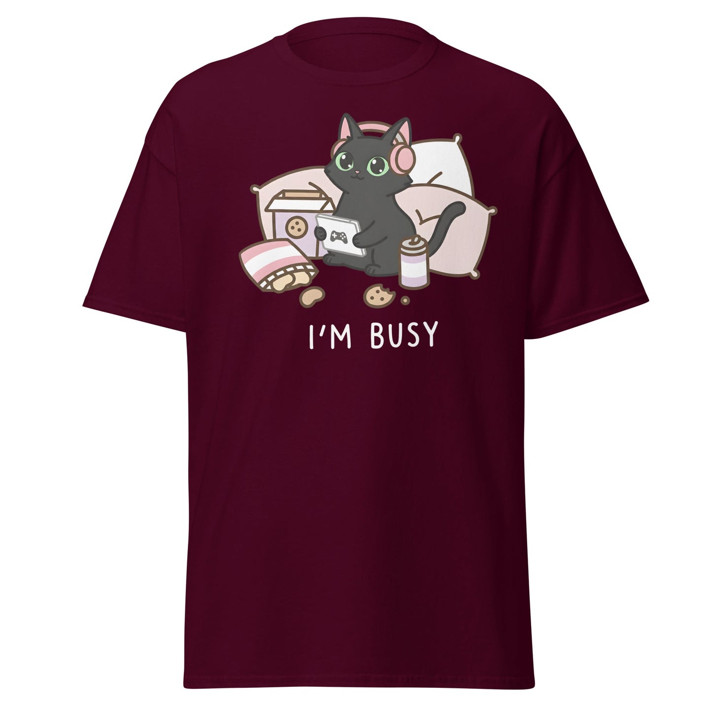 I'm Busy Gamer Cat T-Shirt - Cute Black Kitty Tee - Maroon - T-Shirts Online