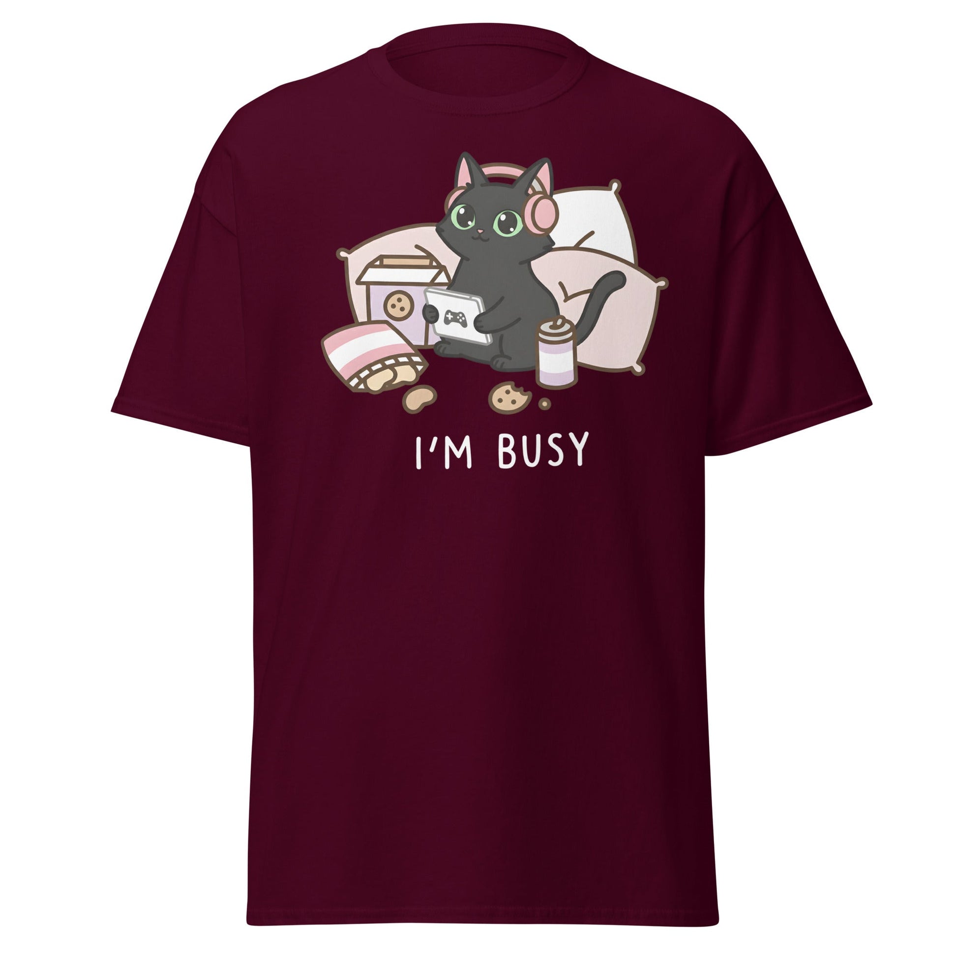 I'm Busy Gamer Cat T-Shirt - Cute Black Kitty Tee - Maroon - T-Shirts Online