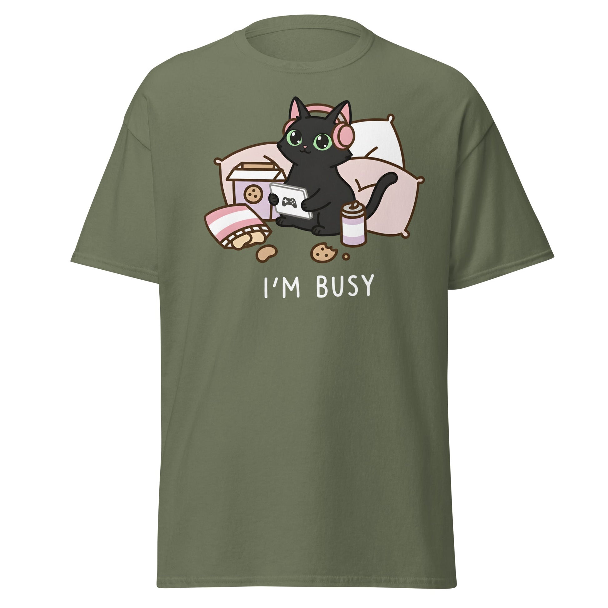 I'm Busy Gamer Cat T-Shirt - Cute Black Kitty Tee - Military Green - T-Shirts Online