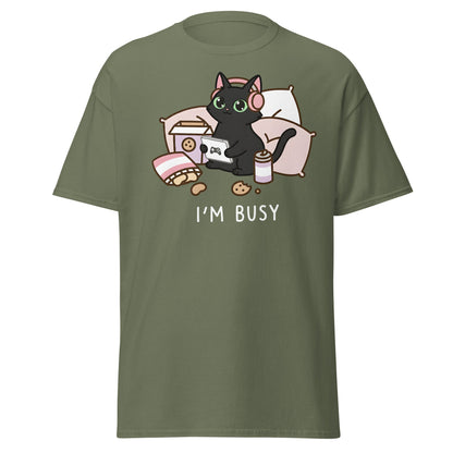 I'm Busy Gamer Cat T-Shirt - Cute Black Kitty Tee - Military Green - T-Shirts Online