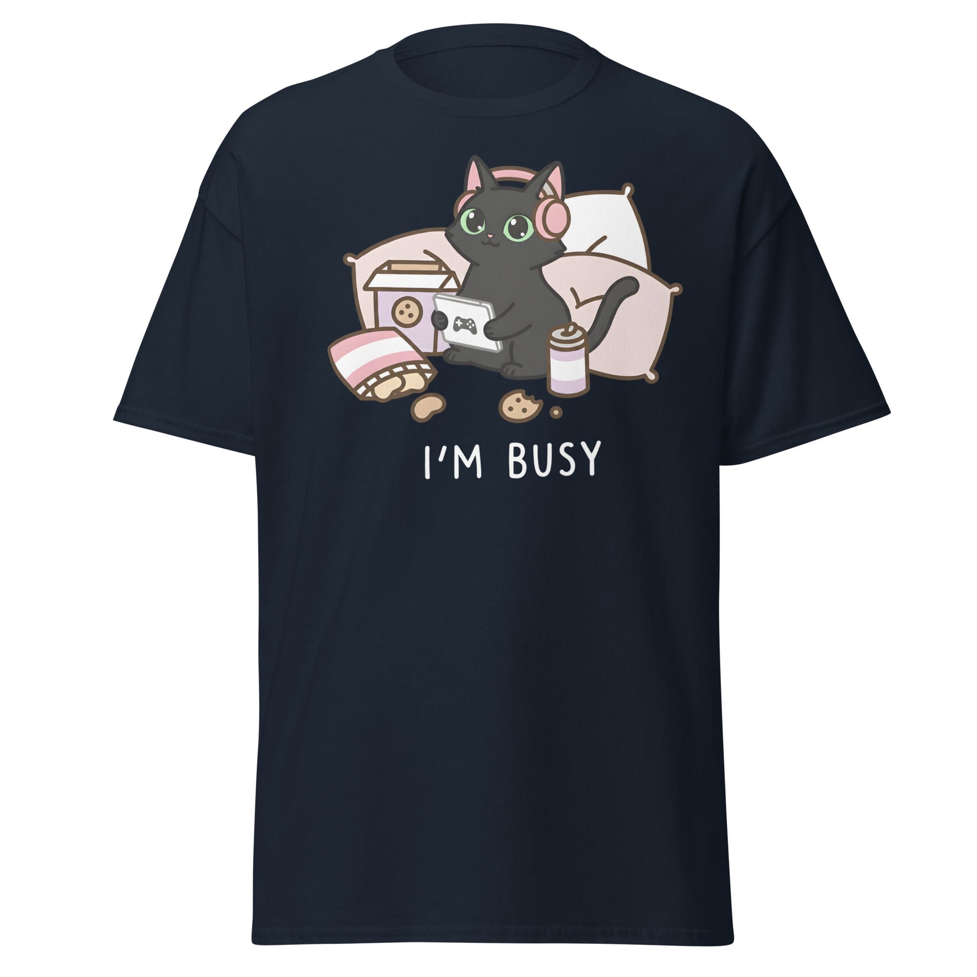 I'm Busy Gamer Cat T-Shirt - Cute Black Kitty Tee - Navy - T-Shirts Online
