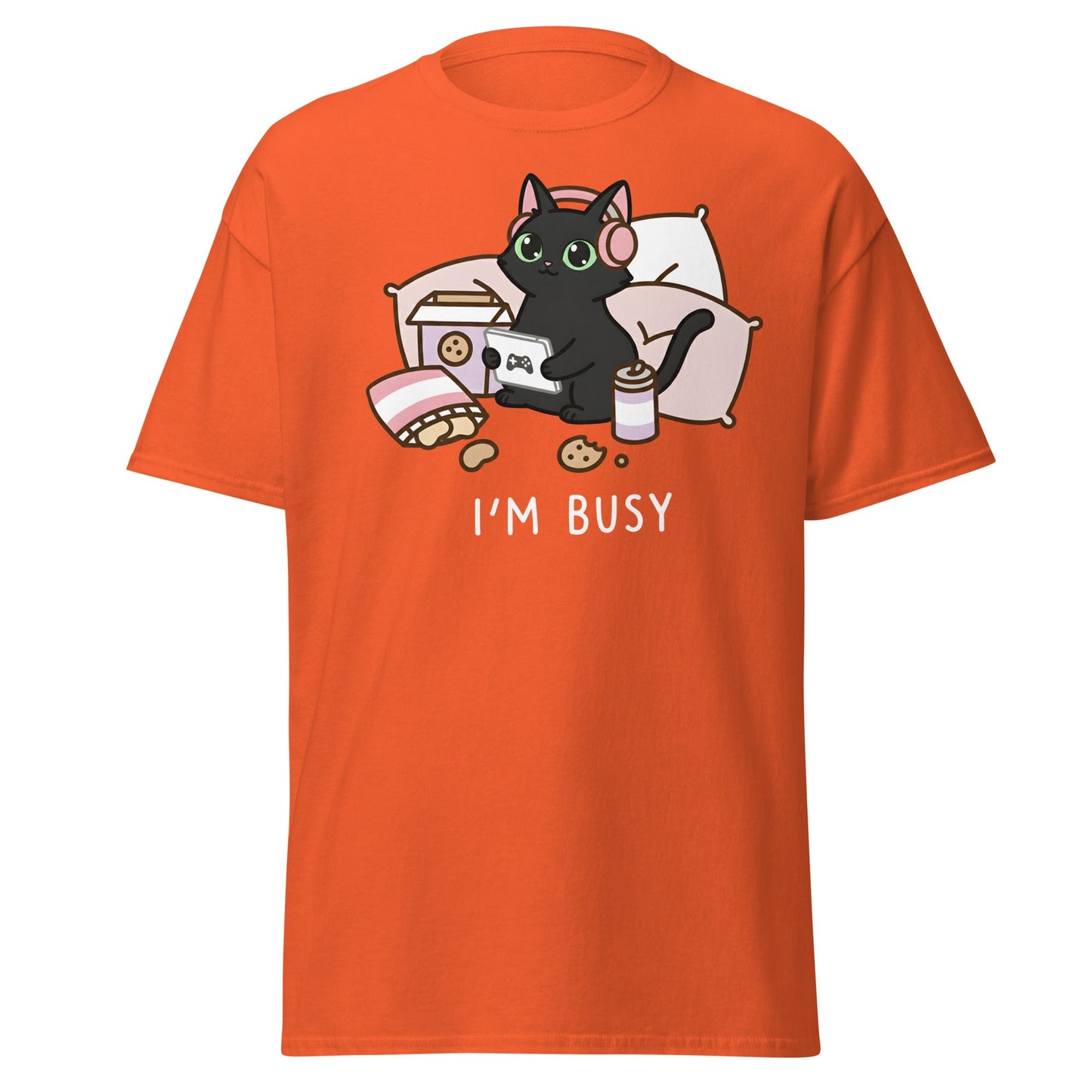 I'm Busy Gamer Cat T-Shirt - Cute Black Kitty Tee - Orange - T-Shirts Online