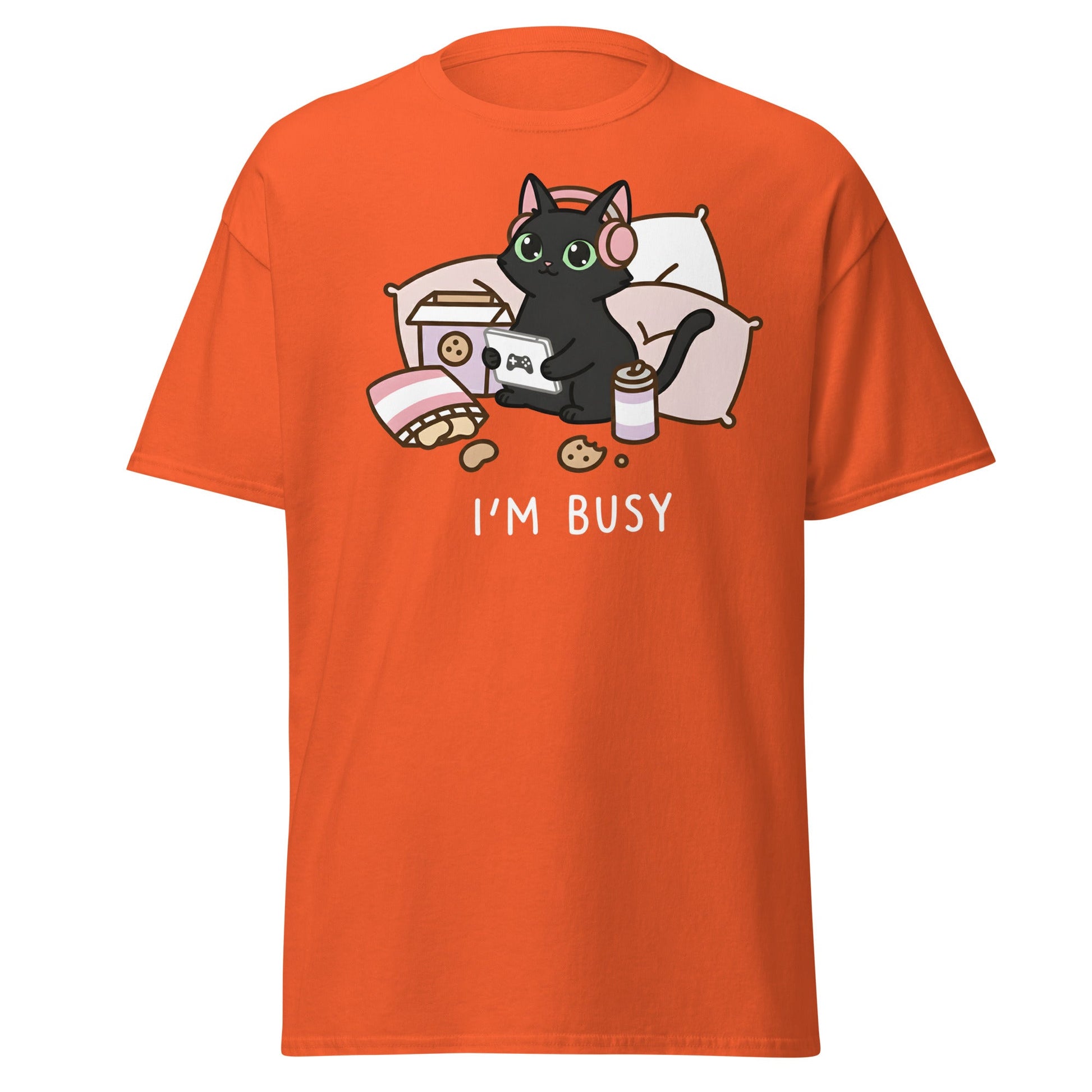 I'm Busy Gamer Cat T-Shirt - Cute Black Kitty Tee - Orange - T-Shirts Online