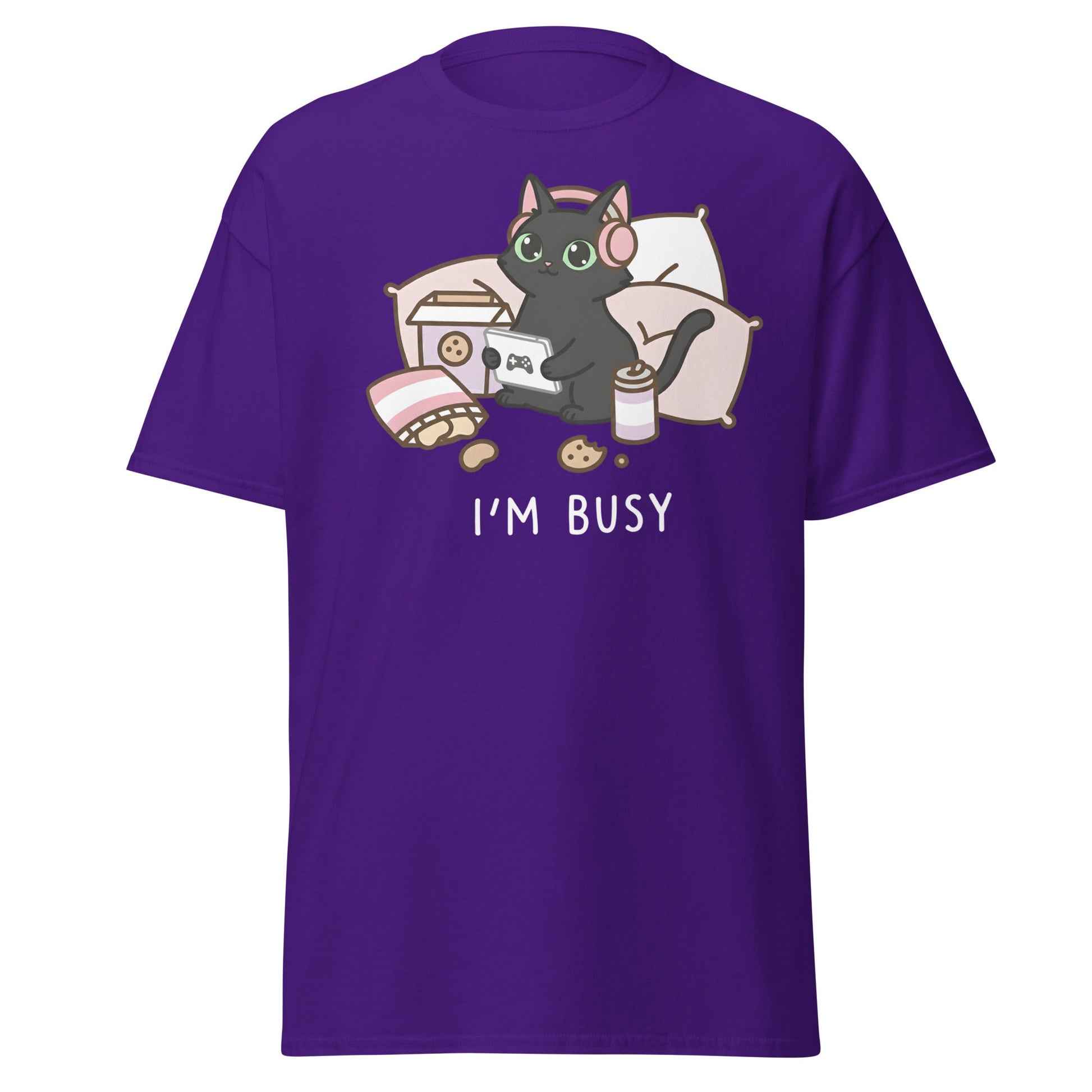 I'm Busy Gamer Cat T-Shirt - Cute Black Kitty Tee - Purple - T-Shirts Online