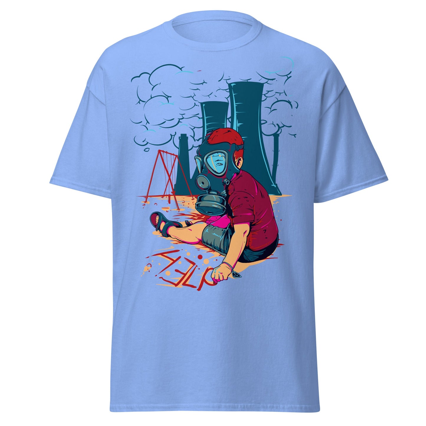 Innocence Lost: Child in Gas Mask T-Shirt - Carolina Blue - T-Shirts Online