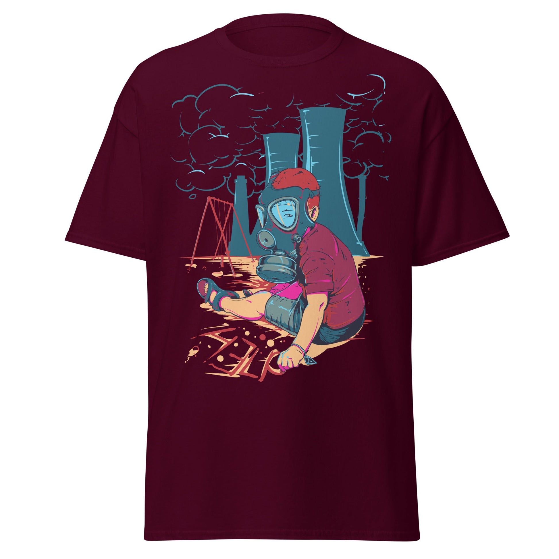 Innocence Lost: Child in Gas Mask T-Shirt - Maroon - T-Shirts Online
