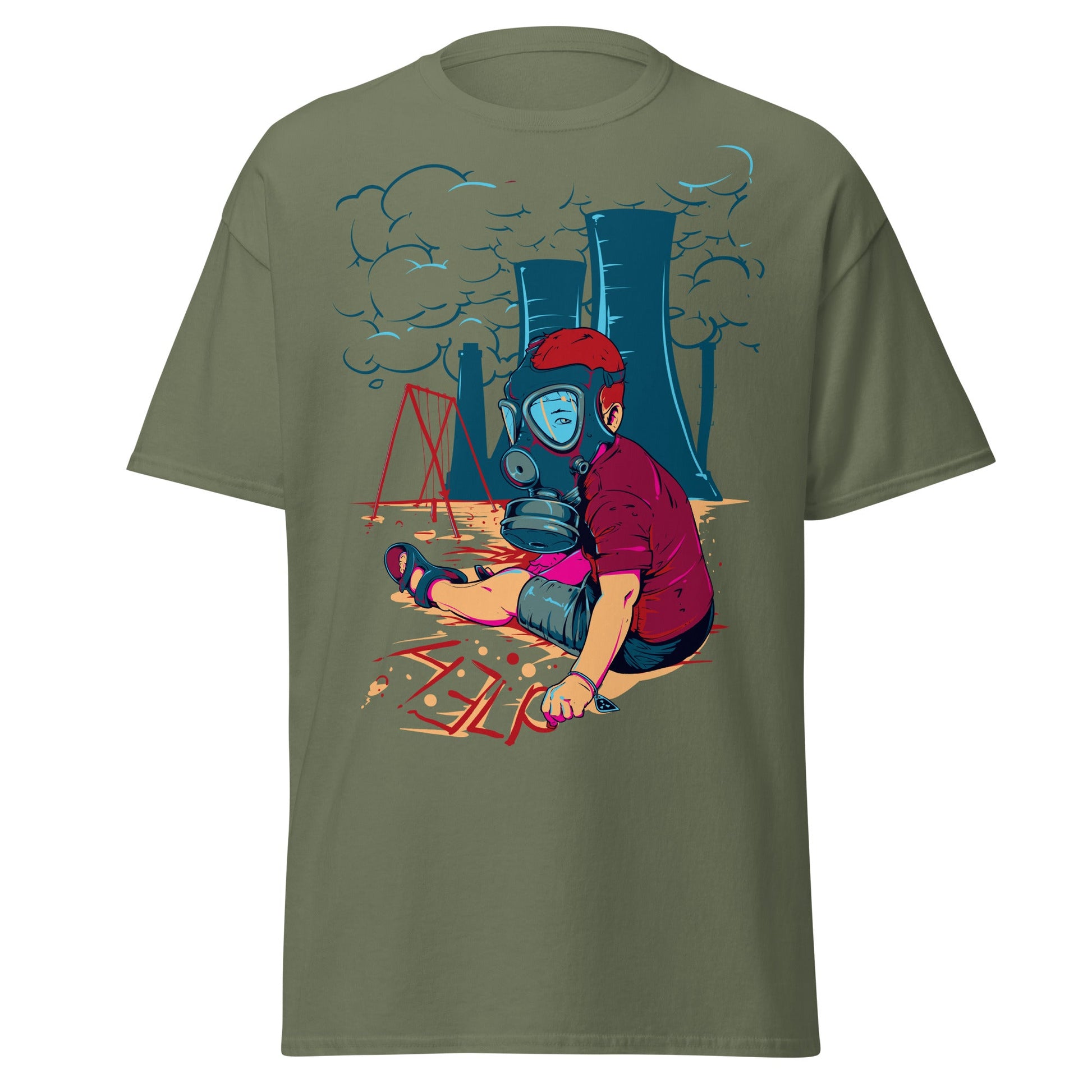 Innocence Lost: Child in Gas Mask T-Shirt - Military Green - T-Shirts Online