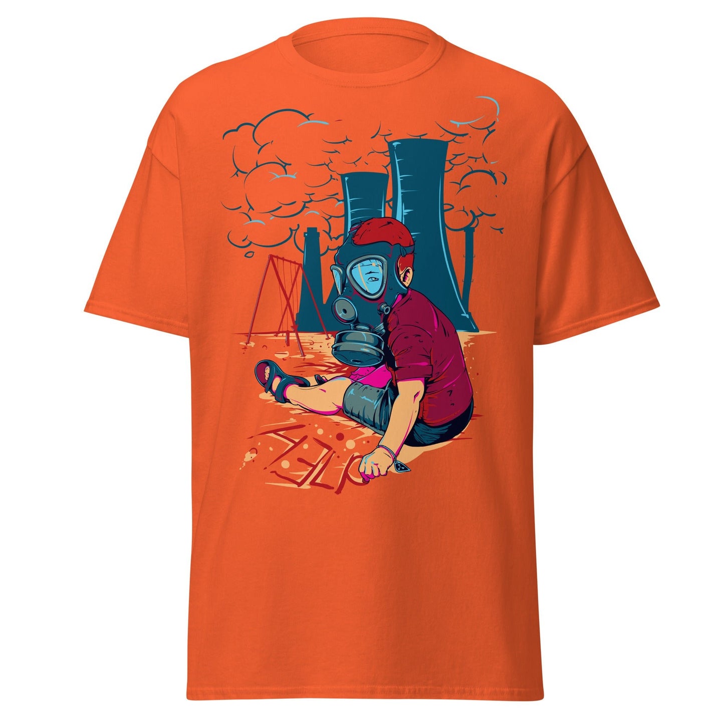 Innocence Lost: Child in Gas Mask T-Shirt - Orange - T-Shirts Online