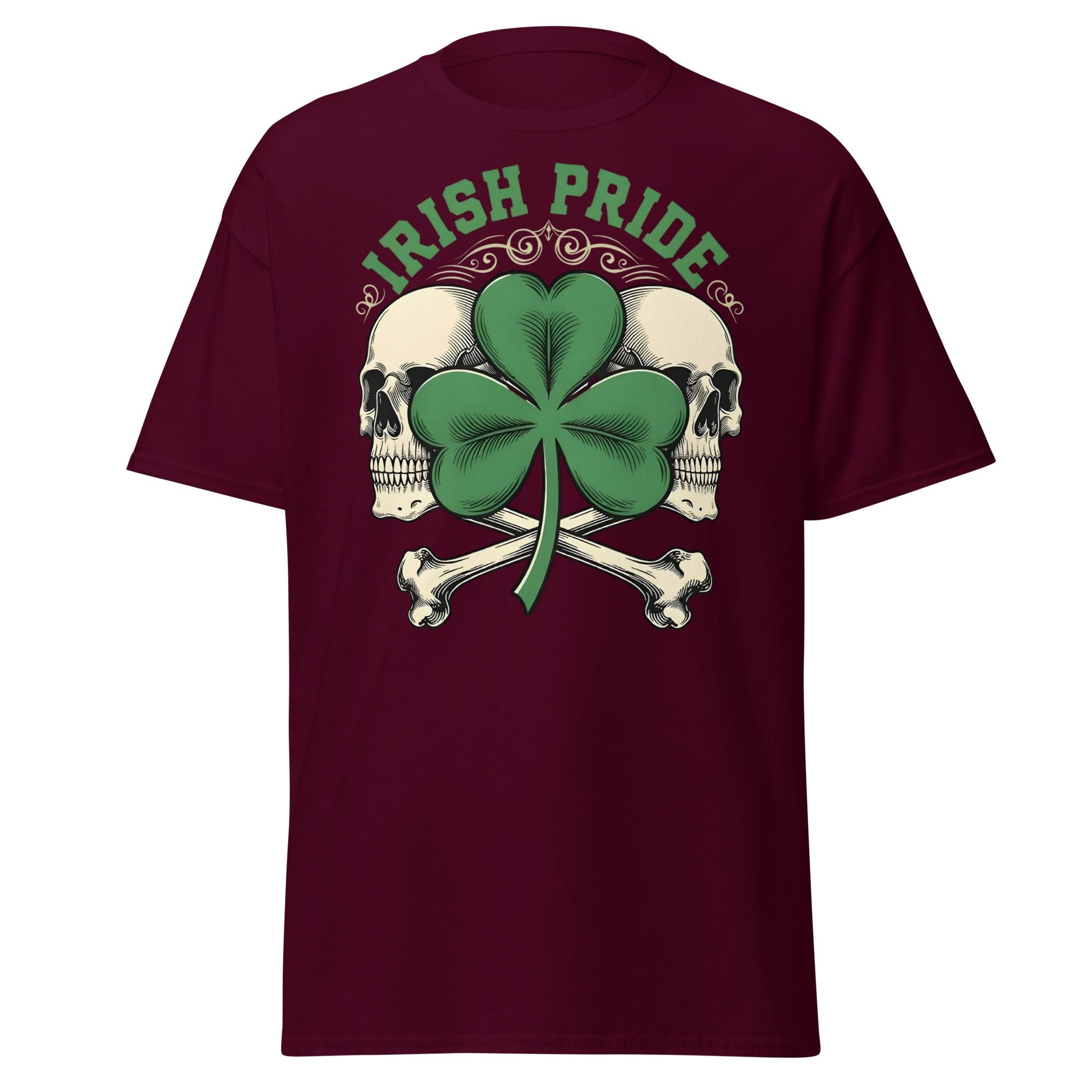 Irish Pride Skull and Shamrock T-Shirt | Celtic Edgy Tee - Maroon - T-Shirts Online