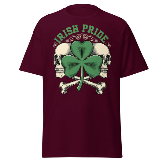 Irish Pride Skull and Shamrock T-Shirt | Celtic Edgy Tee - Maroon - T-Shirts Online