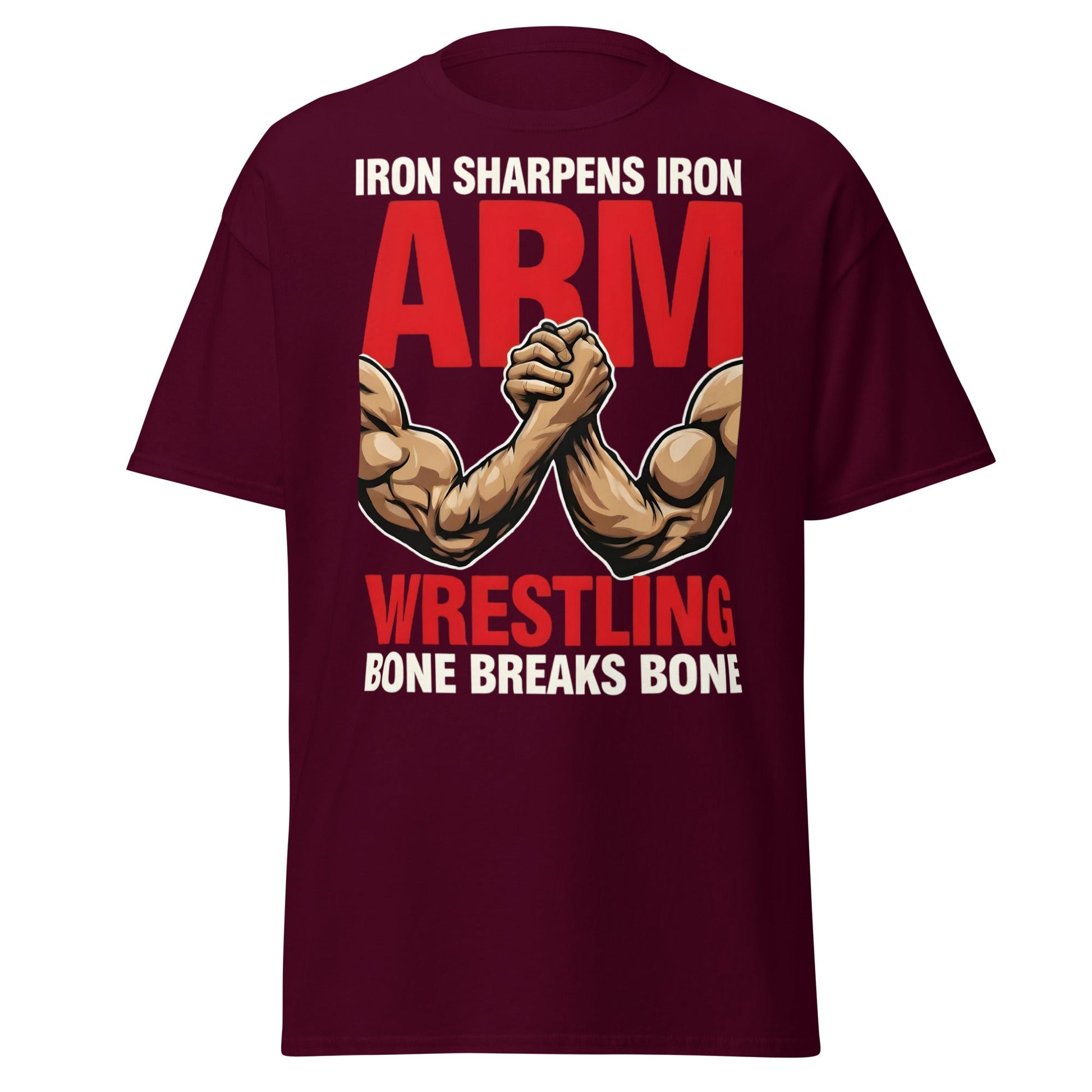 Iron Sharpens Iron Arm Wrestling T-Shirt - Intense Gym Tee - Maroon - T-Shirts Online