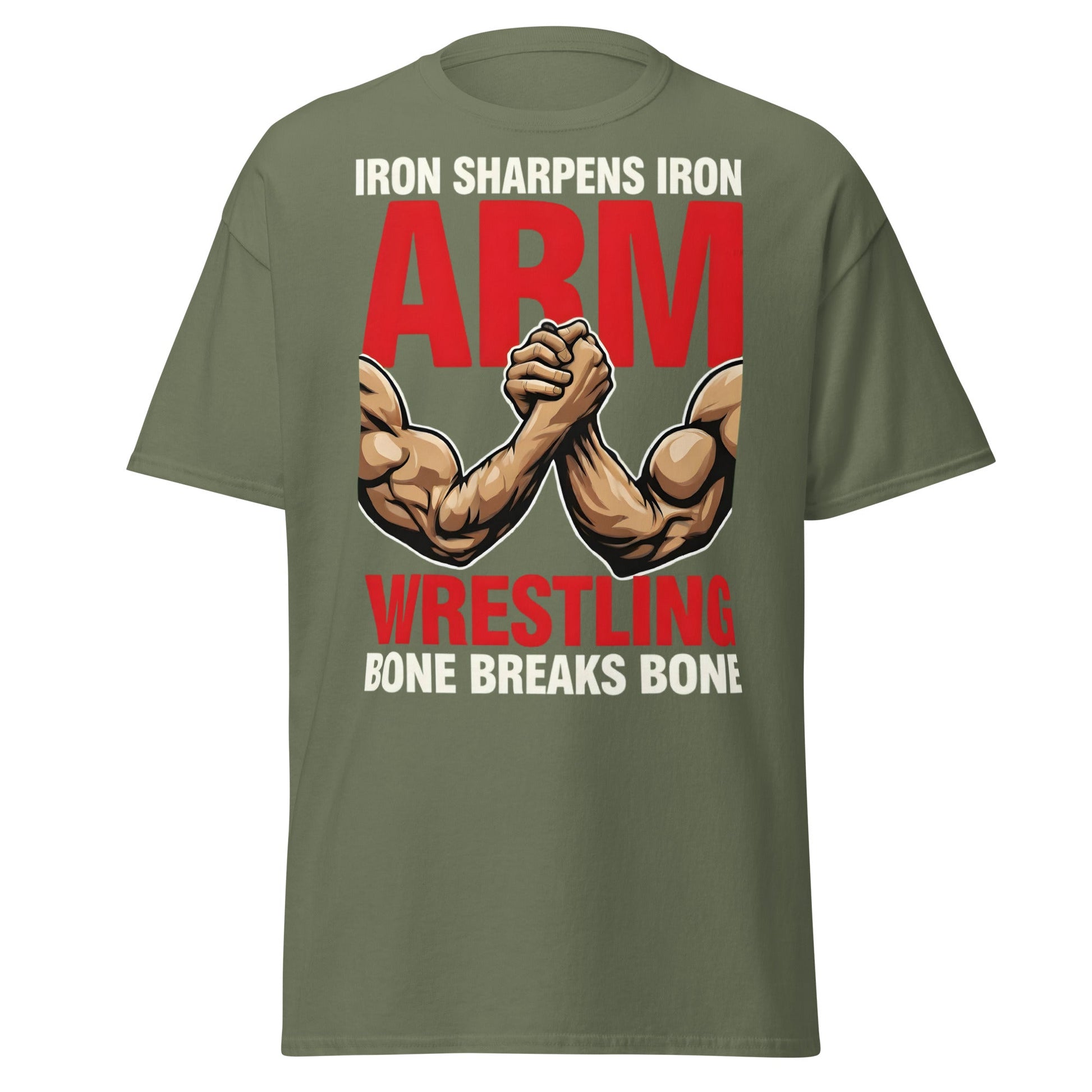 Iron Sharpens Iron Arm Wrestling T-Shirt - Intense Gym Tee - Military Green - T-Shirts Online