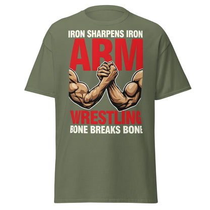 Iron Sharpens Iron Arm Wrestling T-Shirt - Intense Gym Tee - Military Green - T-Shirts Online