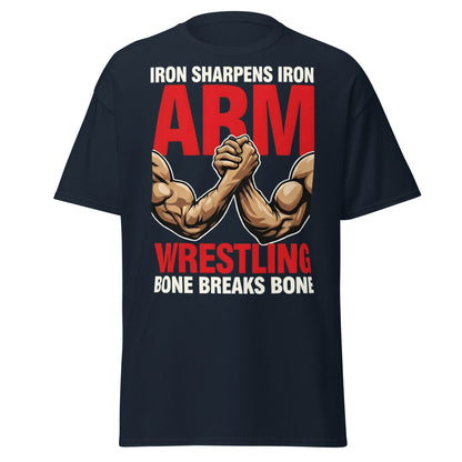 Iron Sharpens Iron Arm Wrestling T-Shirt - Intense Gym Tee - Navy - T-Shirts Online